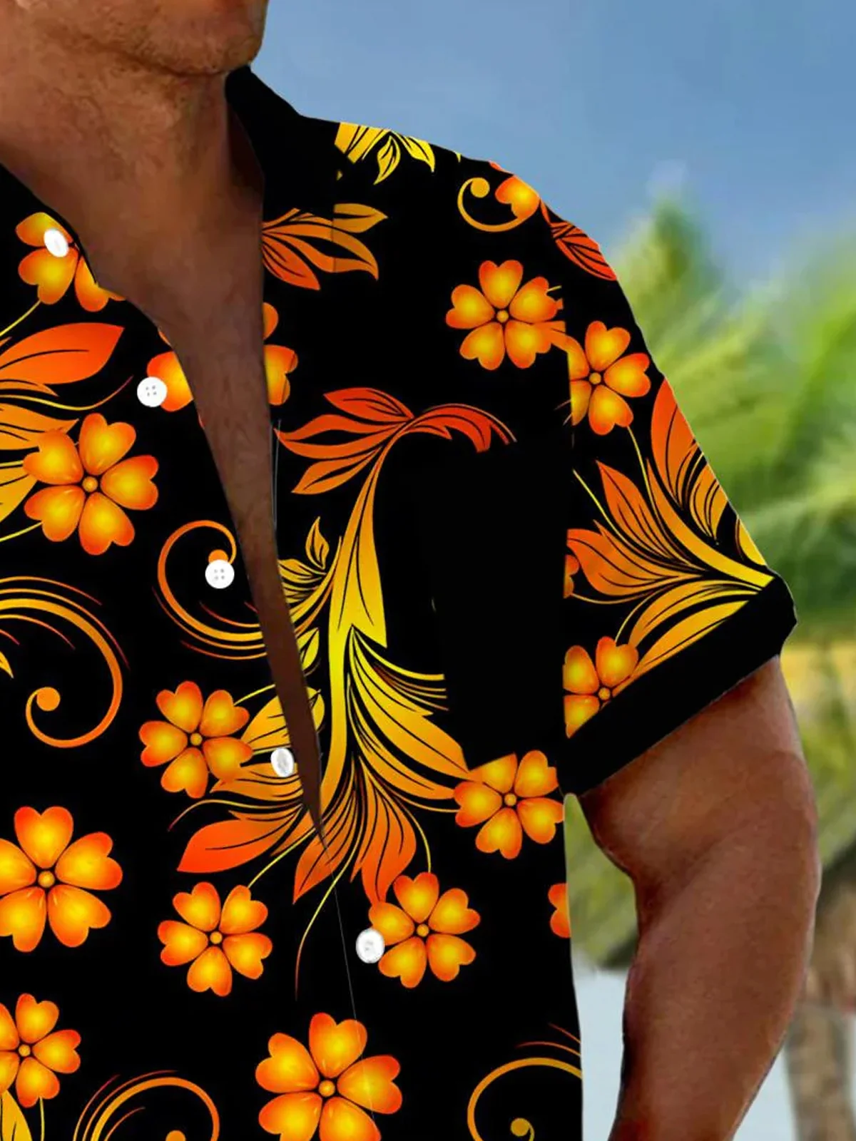 Royaura® Hawaiian Gold Floral 3D Digital Print Men's Button Pocket Short Sleeve Shirt Big & Tall