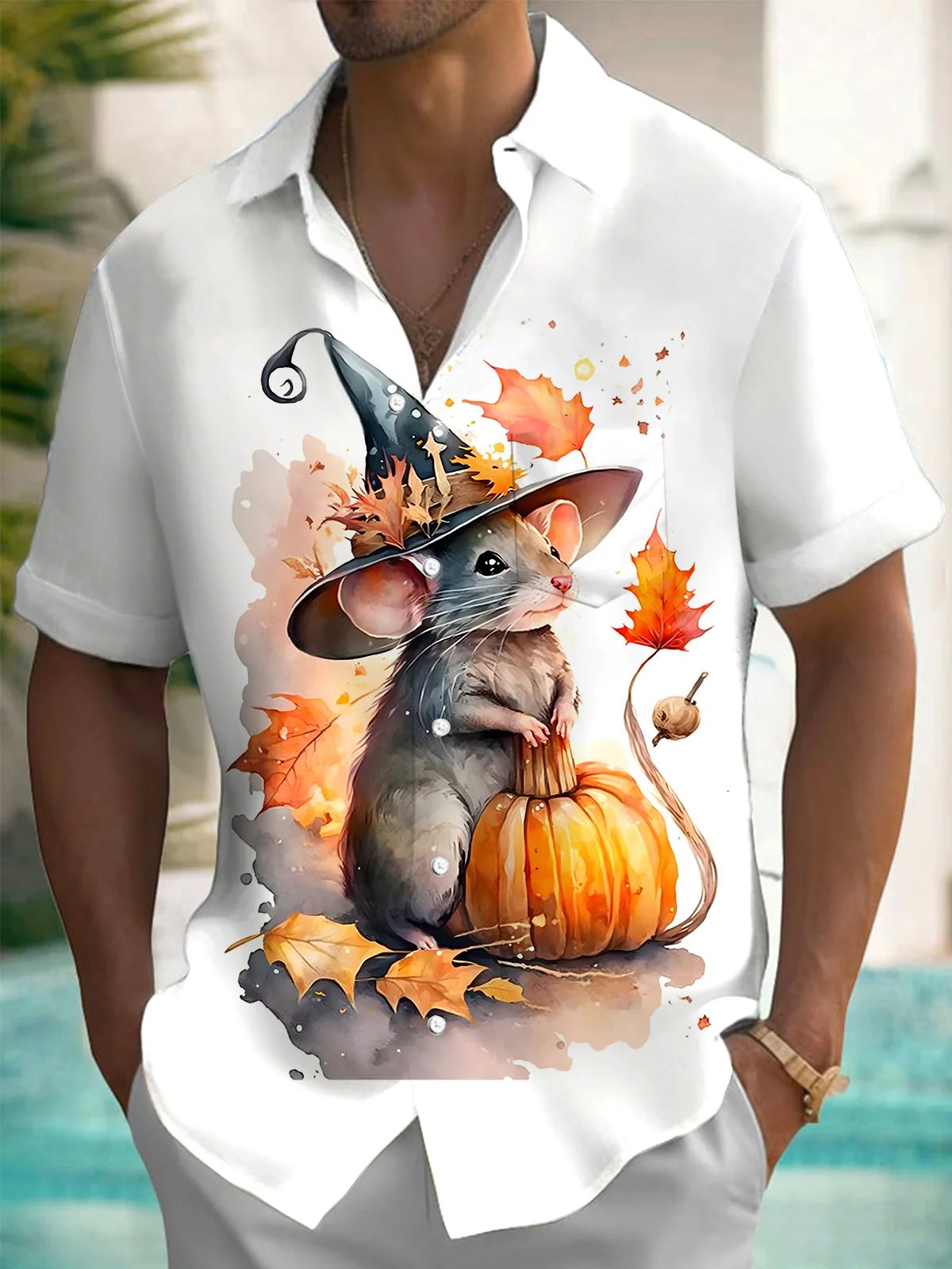 Royaura® Retro Thanksgiving 3D Digital Print Men's Button Pocket Short Sleeve Shirt Big & Tall