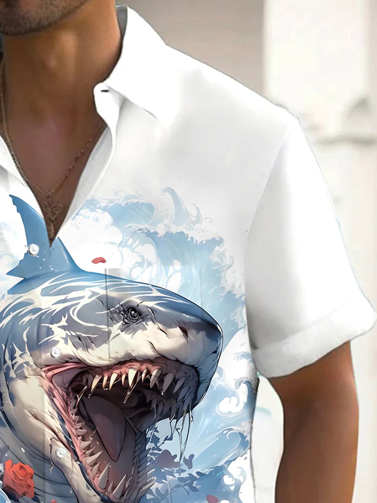 Royaura® Hawaii Shark 3D Digital Print Men's Button Pocket Short Sleeve Shirt Big & Tall