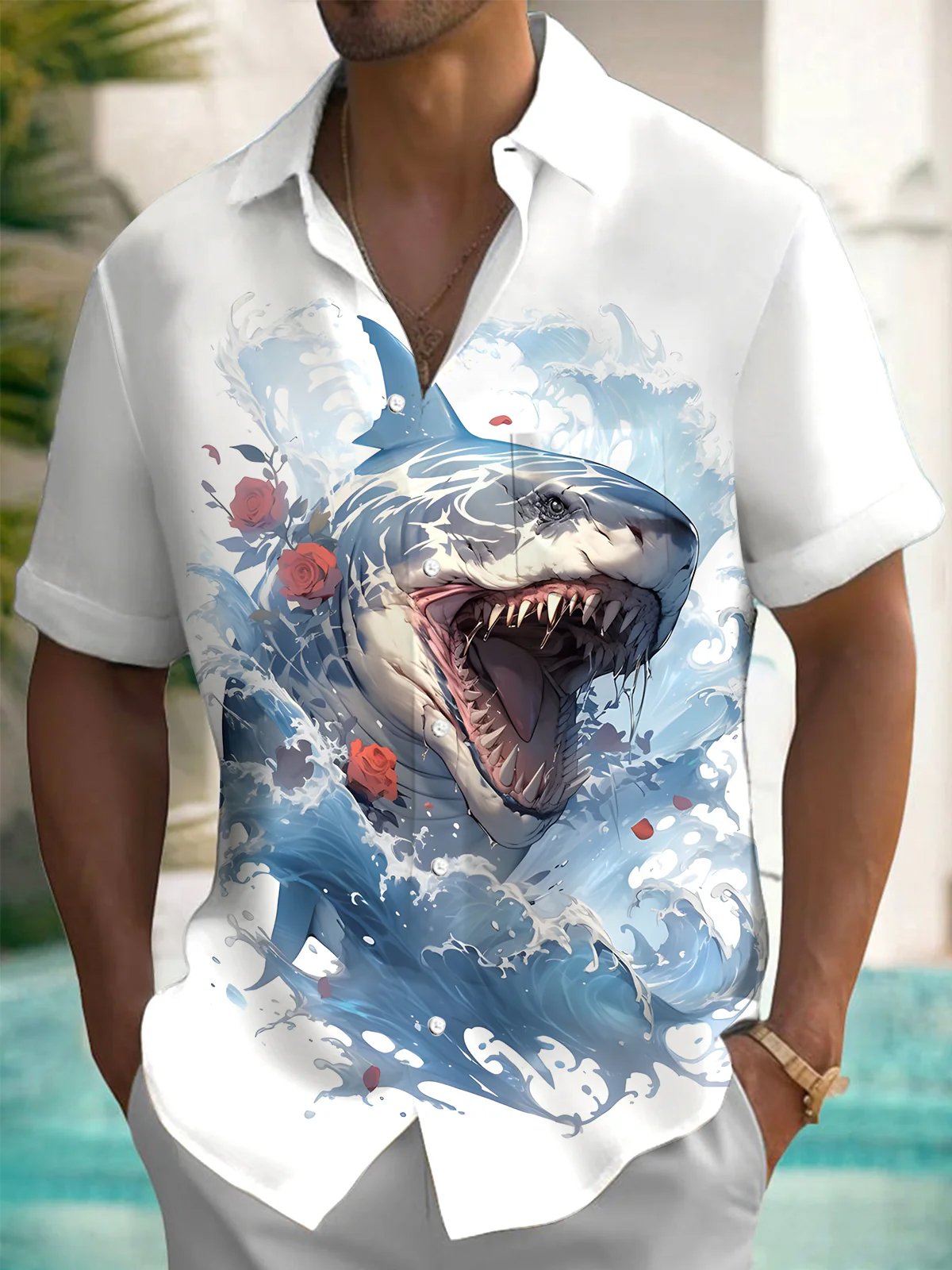 Royaura® Hawaii Shark 3D Digital Print Men's Button Pocket Short Sleeve Shirt Big & Tall