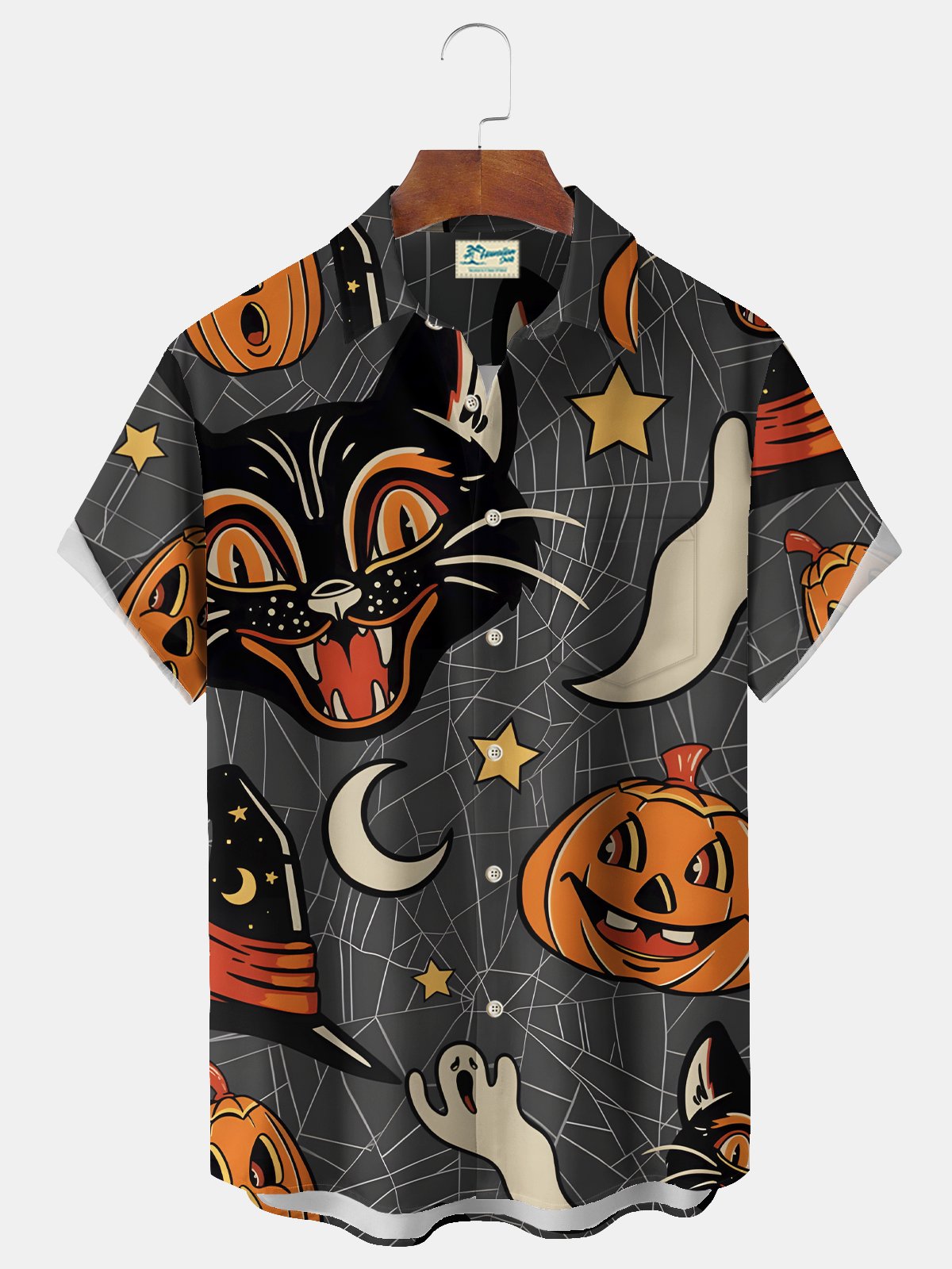 Royaura® Halloween Cartoon Print Men's Chest Pocket Stretch Shirt Big Tall