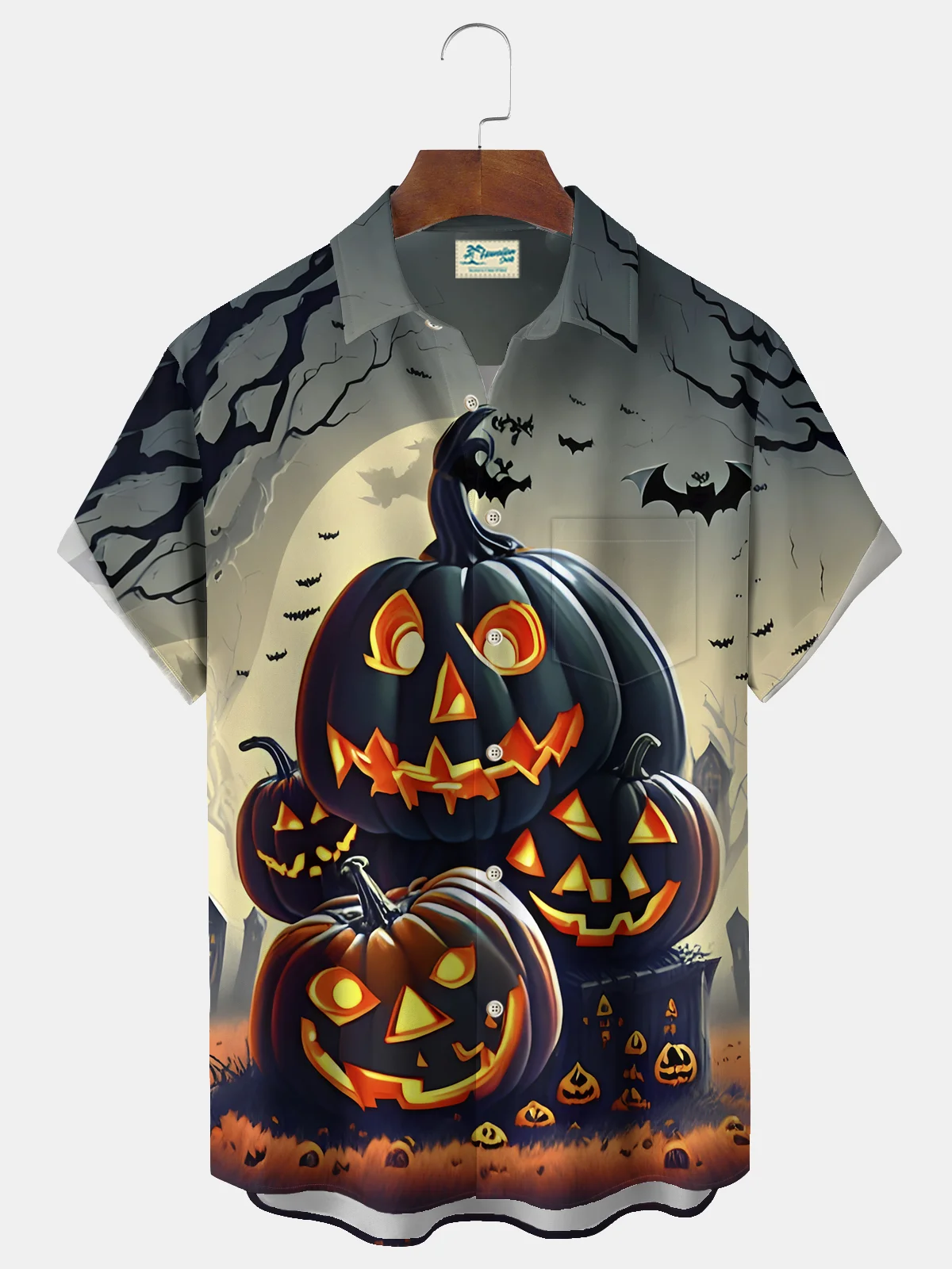 Royaura® Halloween Pumpkin Cartoon Print Men's Chest Pocket Stretch Shirt Big Tall