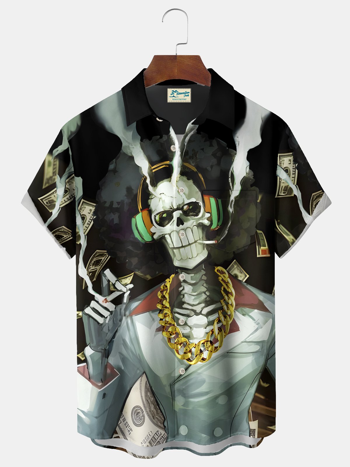 Royaura® Halloween Skull Print Men's Chest Pocket Stretch Shirt Big Tall