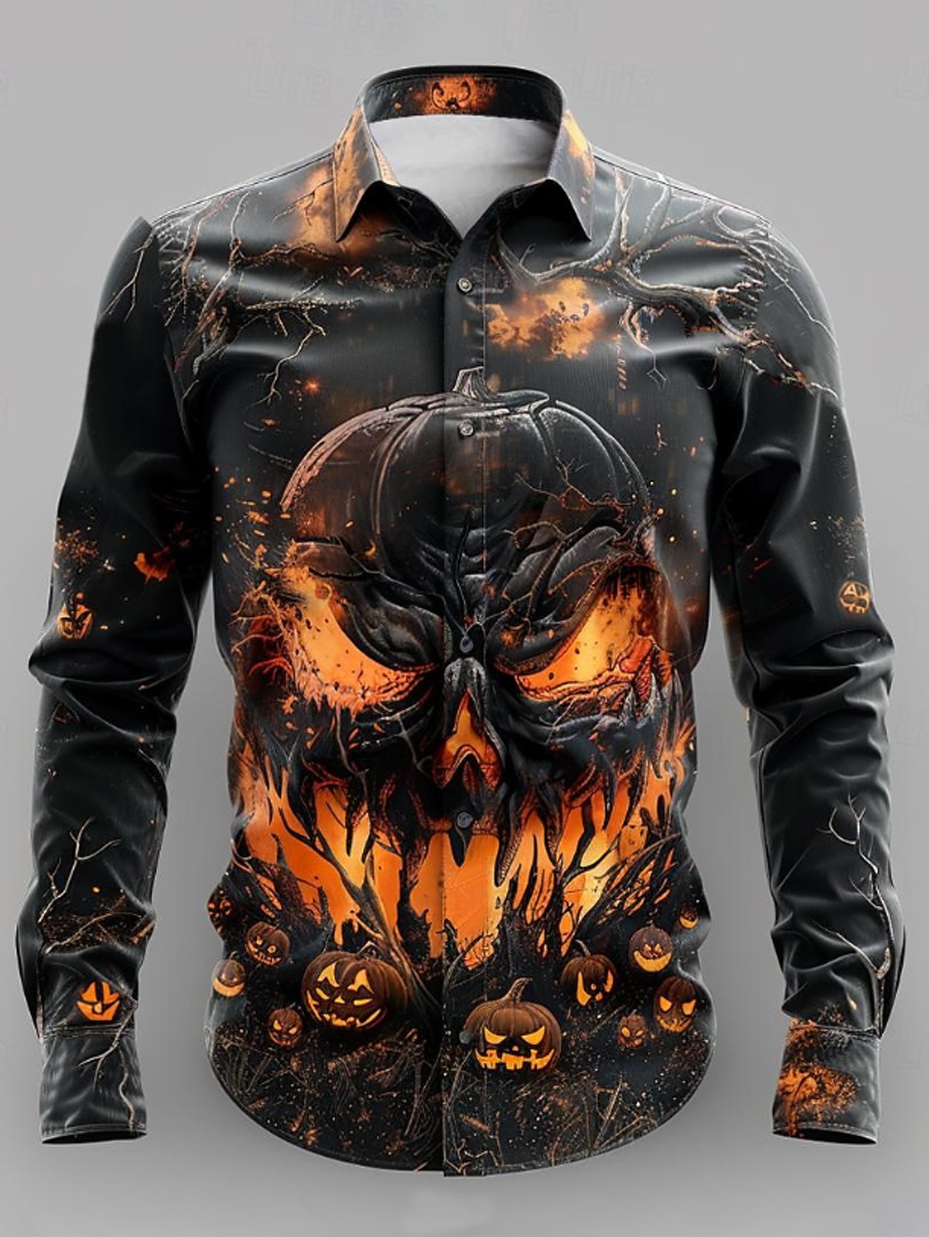 Royaura® Halloween Pumpkin 3D Digital Print Men's Button Pocket Long Sleeve Shirt Big & Tall