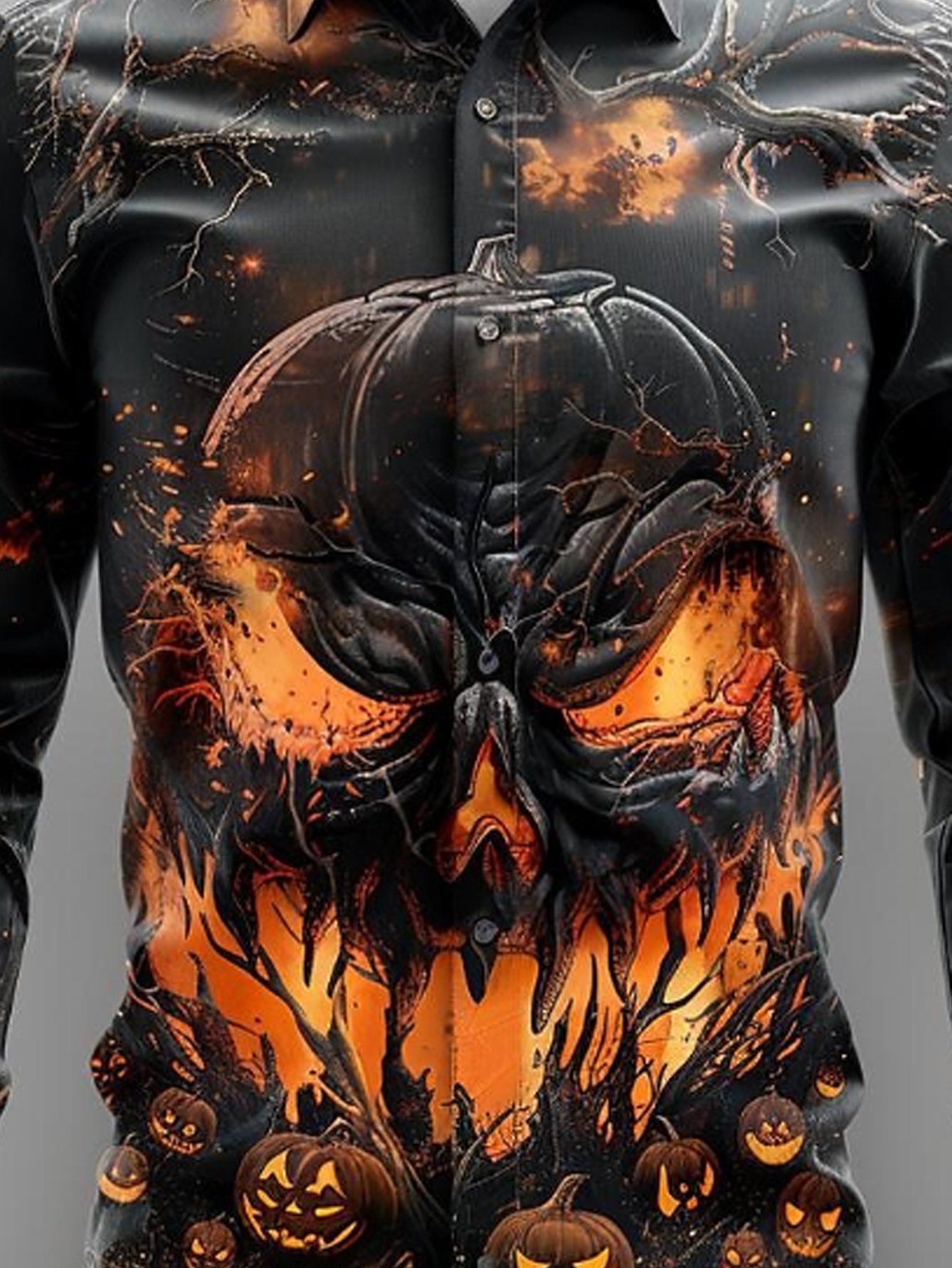 Royaura® Halloween Pumpkin 3D Digital Print Men's Button Pocket Long Sleeve Shirt Big & Tall