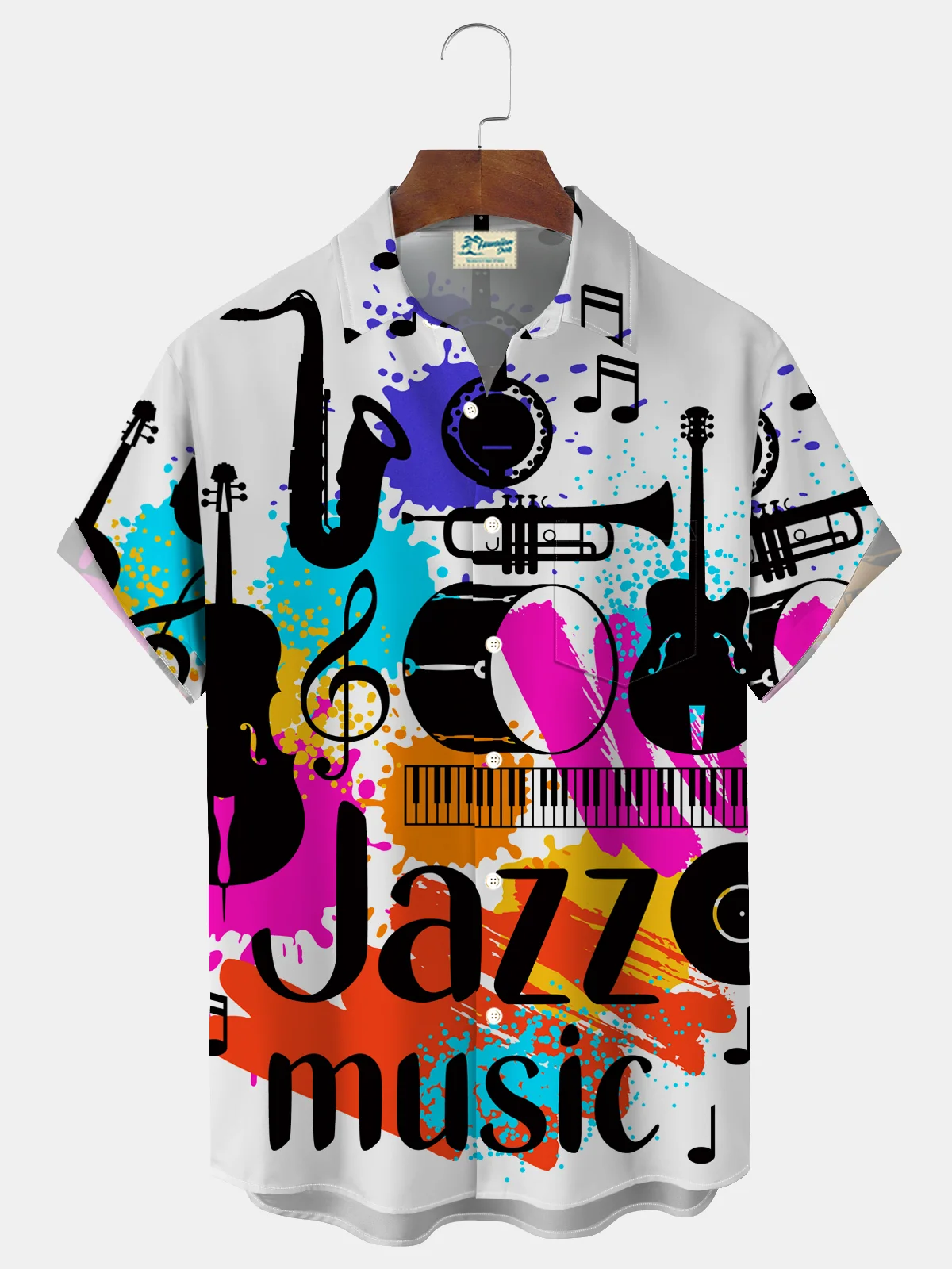 Royaura® Retro Musical Jazz 3D Print Men's Button Pocket Short Sleeve Shirt Big & Tall