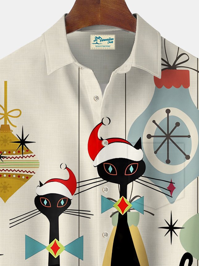 Royaura® Christmas Cat Print Men's Chest Pocket Stretch Shirt Big Tall