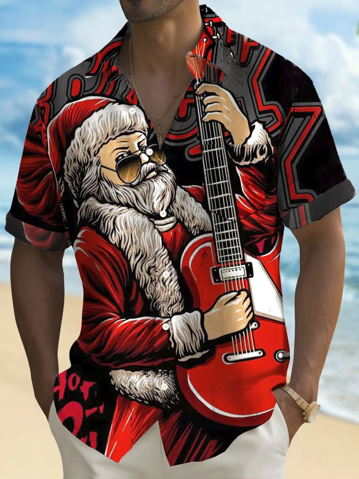 Royaura® Christmas Santa Claus Guitar 3D Digital Printing Men's Button Pocket Long Sleeve Shirt Big & Tall