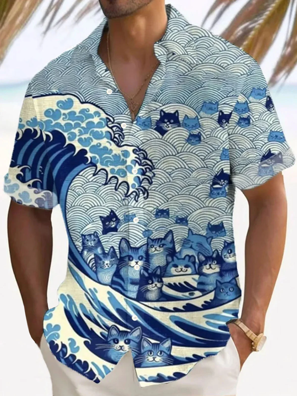 Royaura® Retro Ukiyoe Wave 3D Digital Printing Men's Button Pocket Long Sleeve Shirt Big & Tall