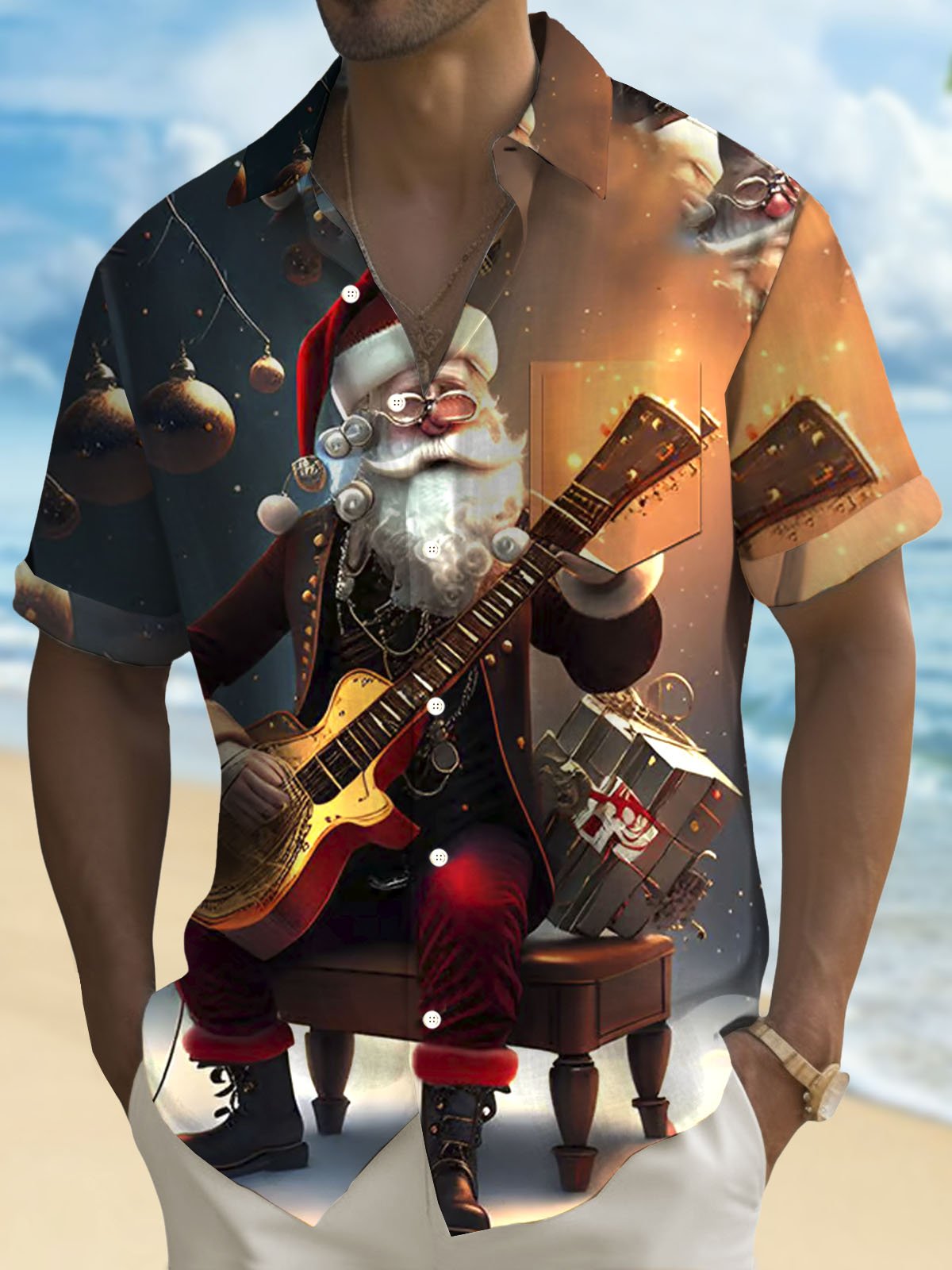 Royaura® Christmas Santa Claus Guitar 3D Digital Printing Men's Button Pocket Long Sleeve Shirt Big & Tall