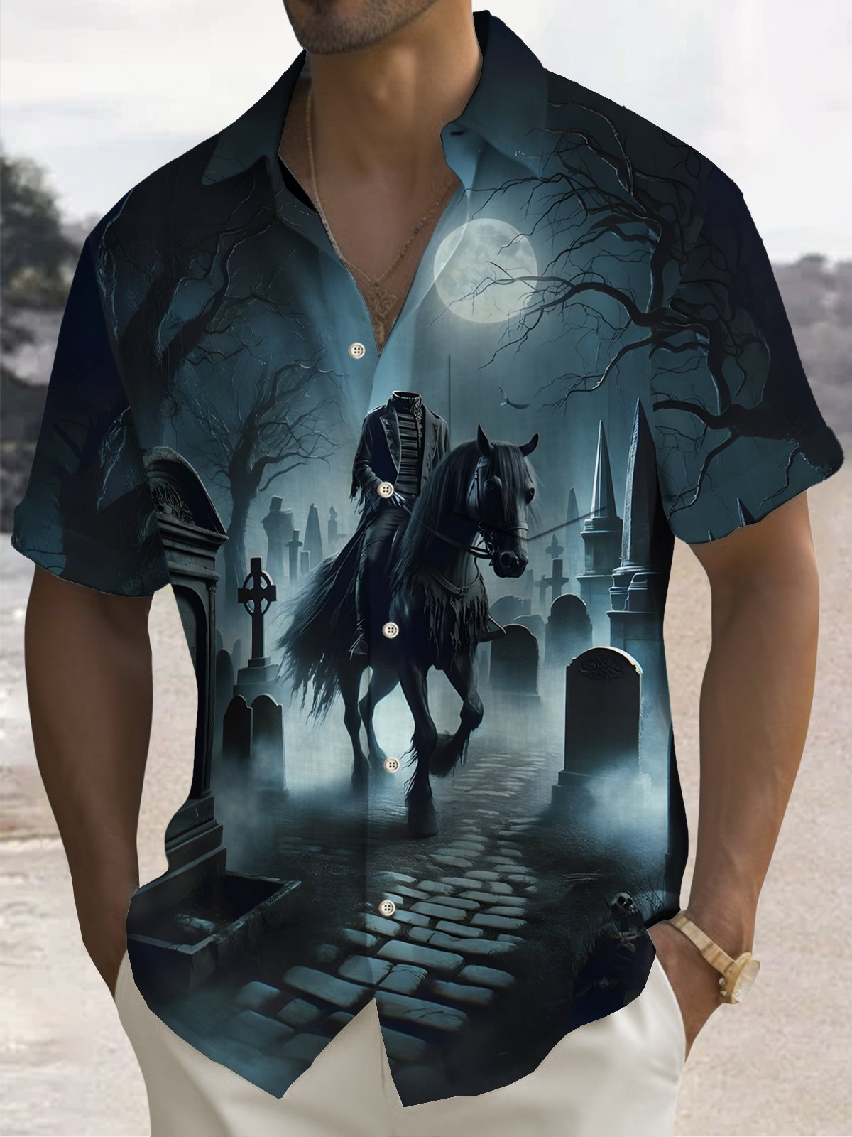 Royaura® Halloween Knight Print Men's Chest Pocket Stretch Shirt Big Tall