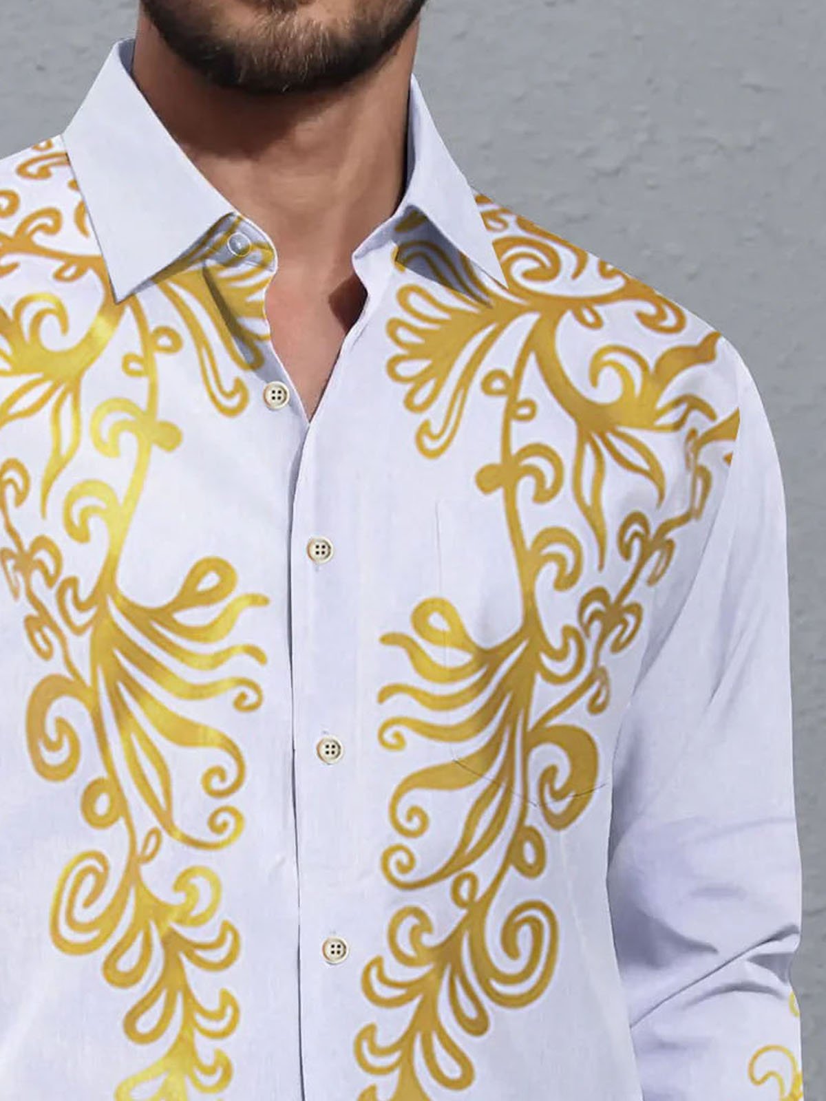 Royaura® Retro Gold Floral Hot Stamping 3D Digital Printing Men's Button Pocket Long Sleeve Shirt Big & Tall