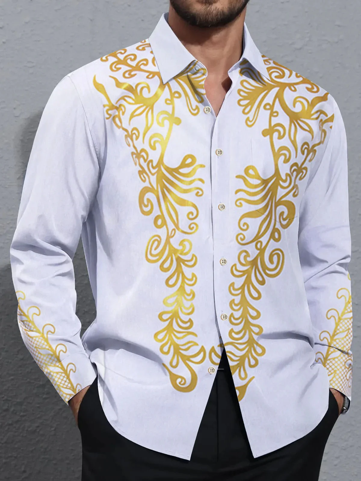 Royaura® Retro Gold Floral Hot Stamping 3D Digital Printing Men's Button Pocket Long Sleeve Shirt Big & Tall