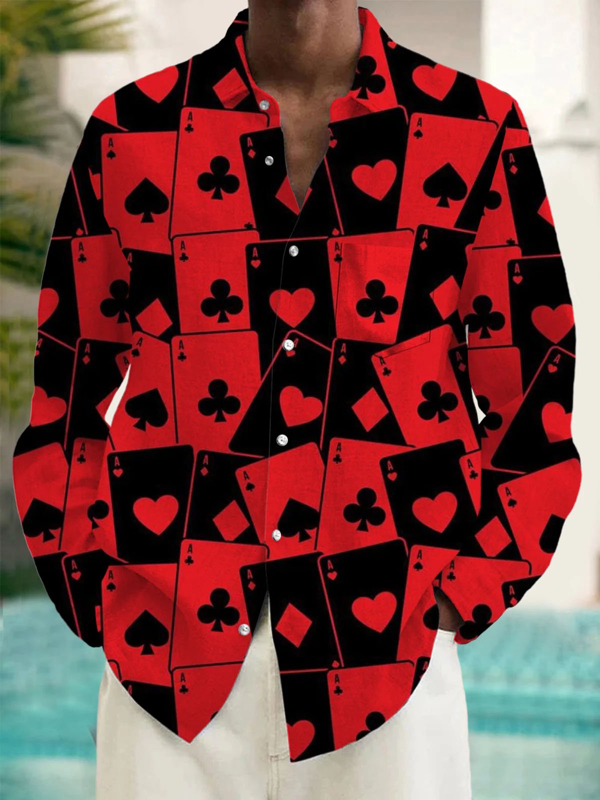 Royaura® Retro Poker 3D Digital Printing Men's Button Pocket Long Sleeve Shirt Big & Tall