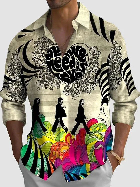 Royaura® Vintage Men's Music Print Chest Pocket Stretch Long Sleeve Shirt Big Tall