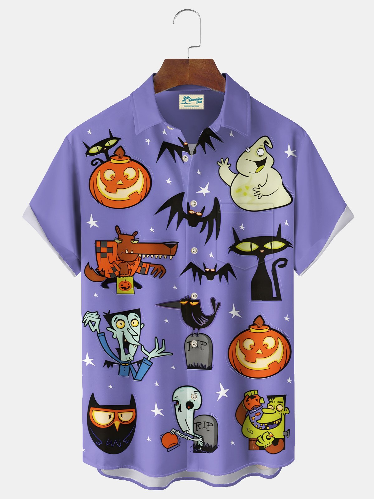 Royaura® Halloween Cartoon Print Men's Chest Pocket Stretch Shirt Big Tall