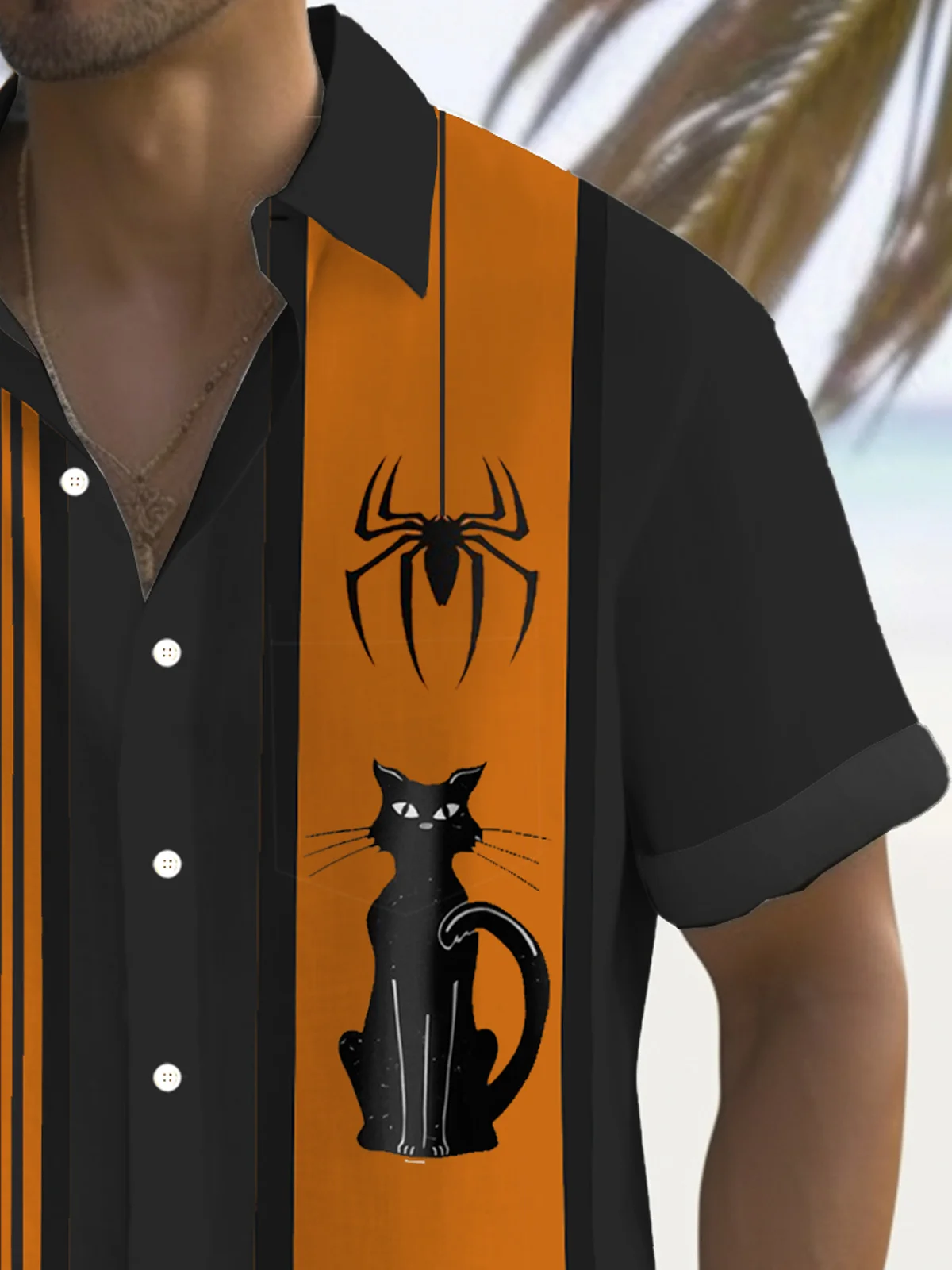 Royaura® Halloween Spider Cat Retro Bowling Stripe 3D Digital Print Men's Button Pocket Short Sleeve Shirt Big & Tall