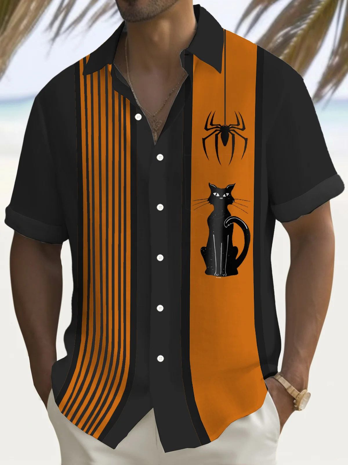 Royaura® Halloween Spider Cat Retro Bowling Stripe 3D Digital Print Men's Button Pocket Short Sleeve Shirt Big & Tall