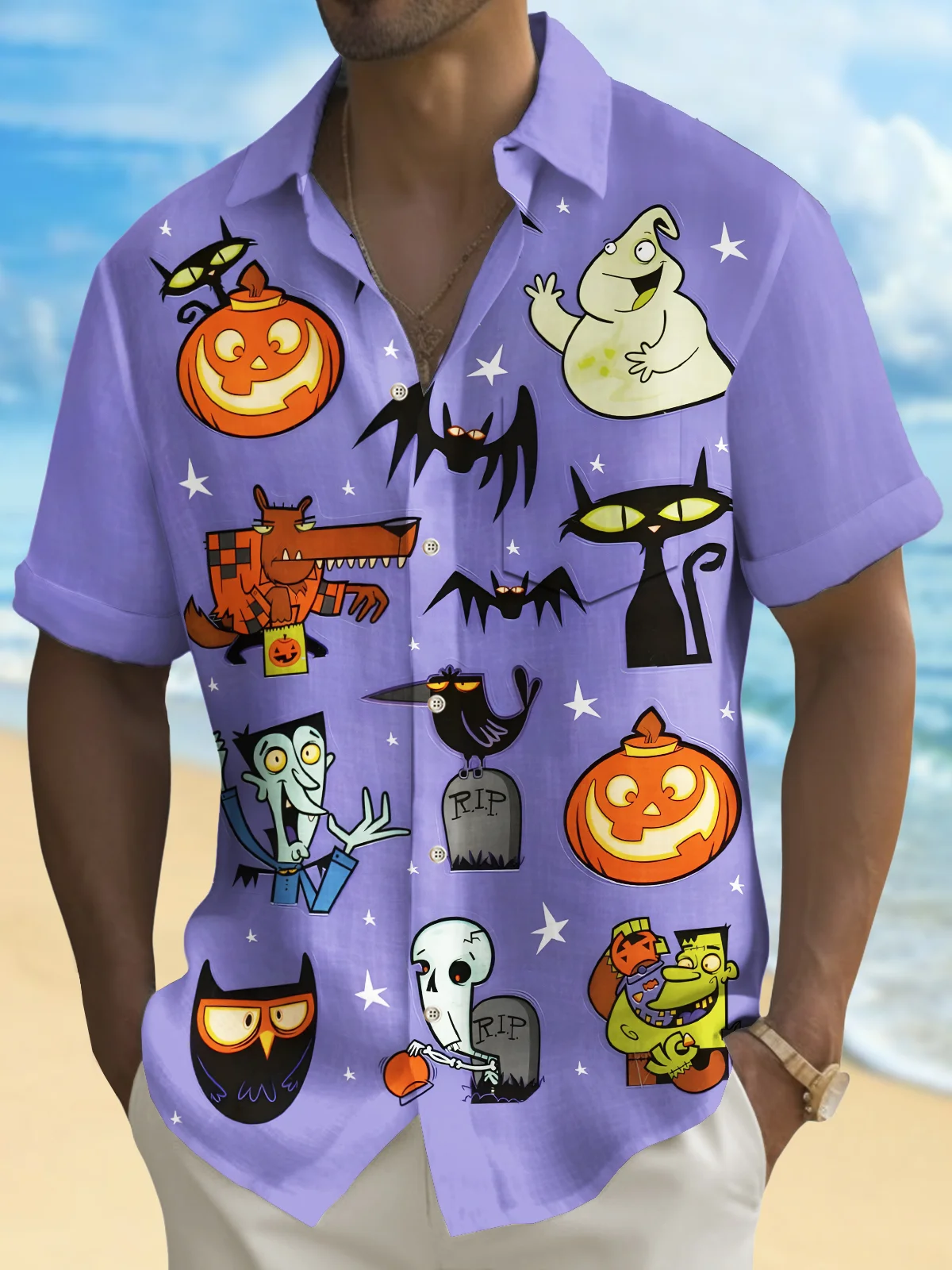 Royaura® Halloween Cartoon Print Men's Chest Pocket Stretch Shirt Big Tall