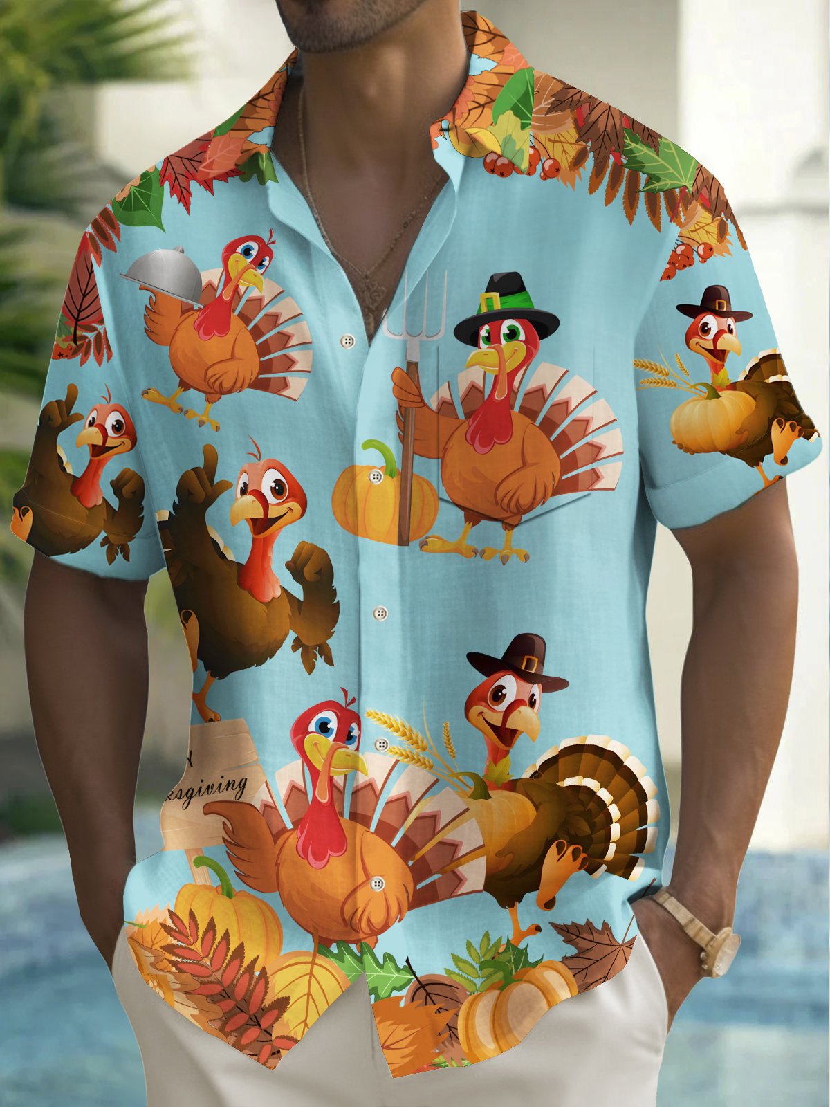 Royaura® Thanksgiving Turkey Print Men's Breast Pocket Stretch Shirt Big Tall