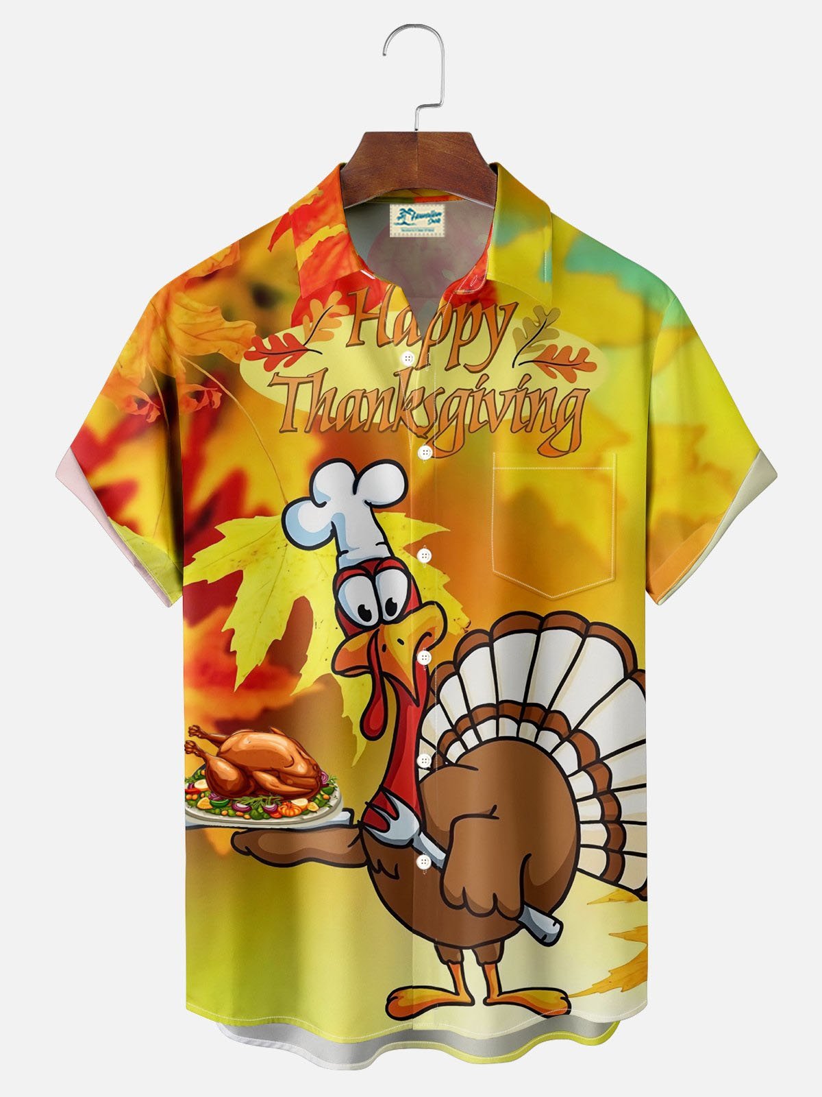 Royaura® Thanksgiving Turkey 3D Digital Print Men's Button Pocket Short Sleeve Shirt Big & Tall