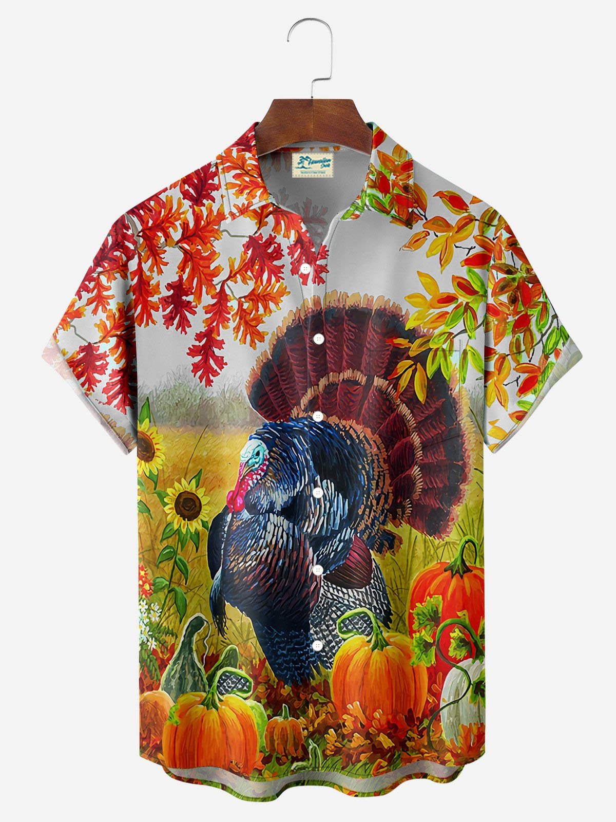 Royaura® Thanksgiving Turkey 3D Digital Print Men's Button Pocket Short Sleeve Shirt Big & Tall