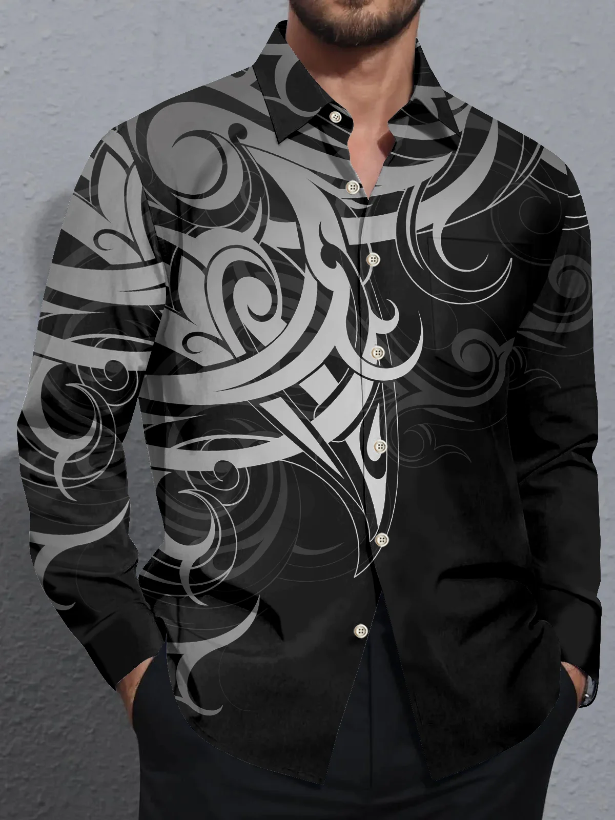 Royaura® Vintage Men's Ethnic Graphic Print Chest Pocket Stretch Long Sleeve Shirt Big Tall