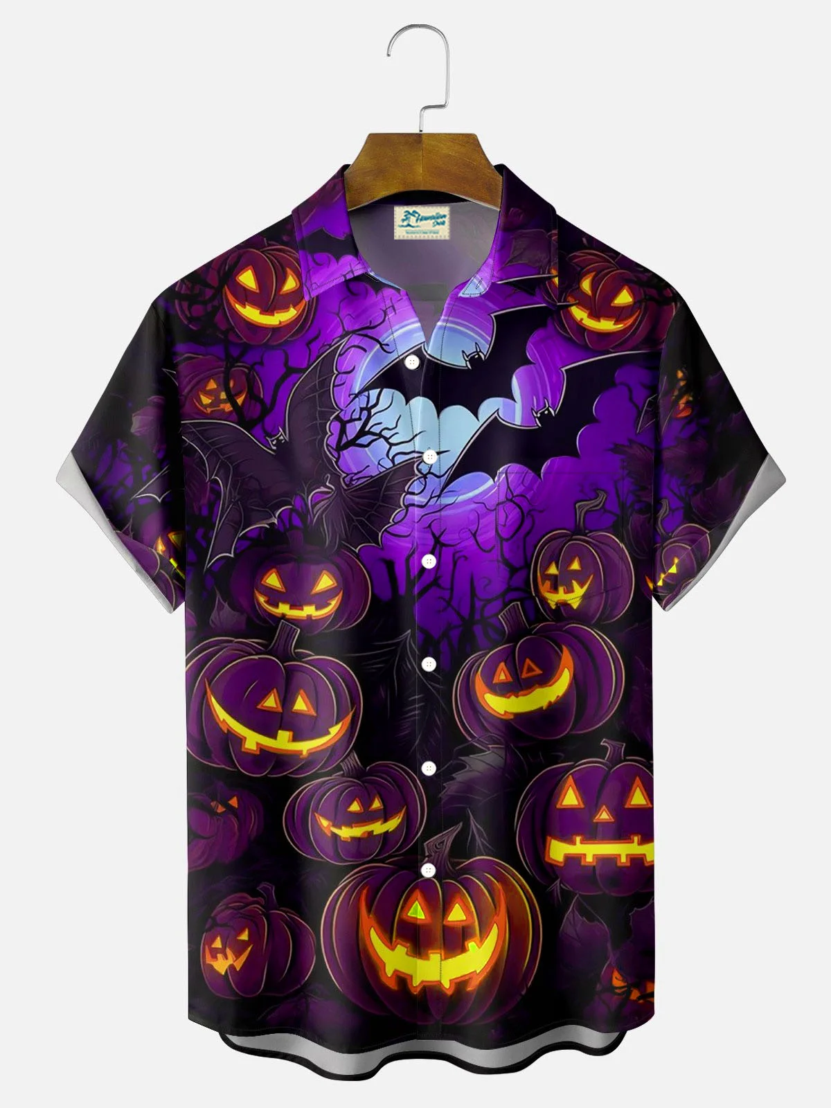 Royaura® Halloween Pumpkin 3D Digital Print Men's Button Pocket Short Sleeve Shirt Big & Tall