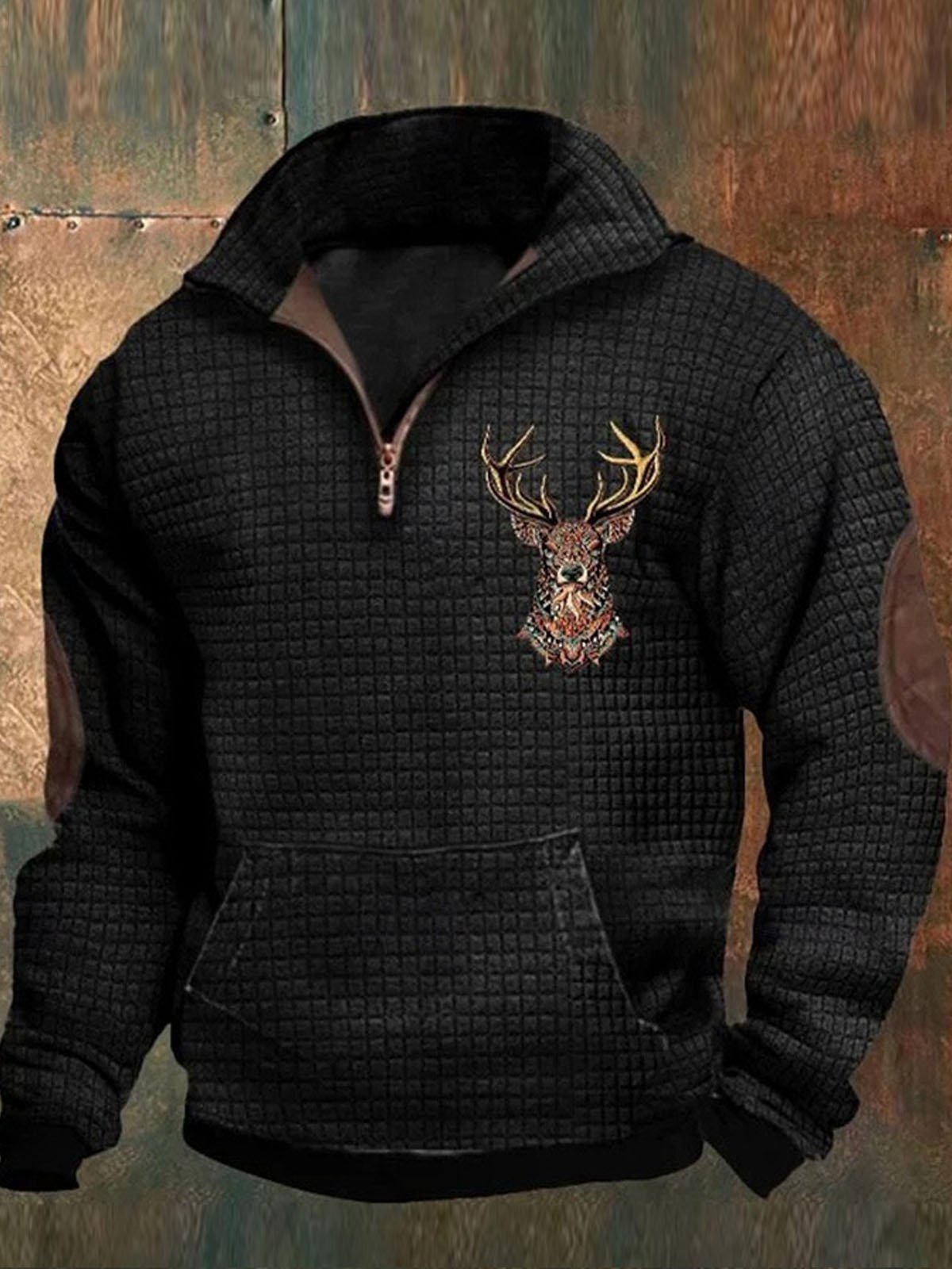 Royaura® Retro Western Waffle Antelope 3D Print Men's Zipper Long Sleeve Sweatshirt Big & Tall