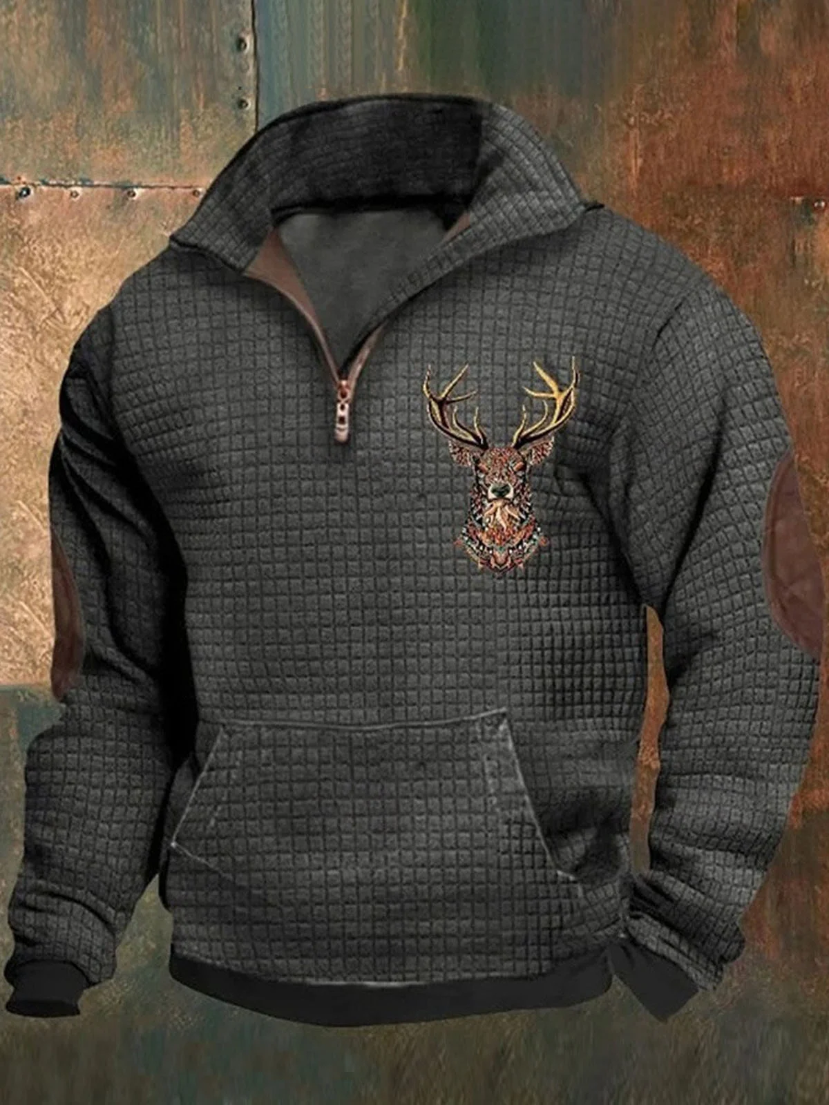 Royaura® Retro Western Waffle Antelope 3D Print Men's Zipper Long Sleeve Sweatshirt Big & Tall