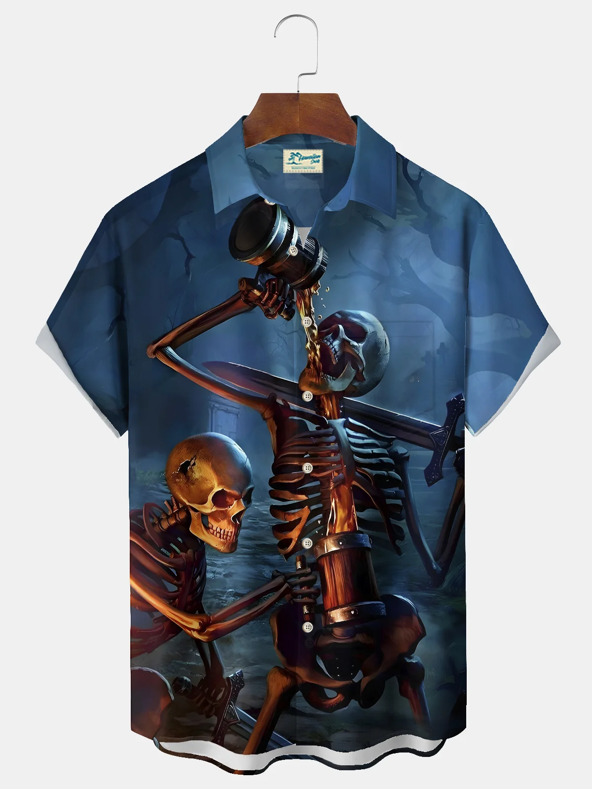 Royaura® Halloween Skull Cartoon Print Men's Chest Pocket Stretch Shirt Big Tall