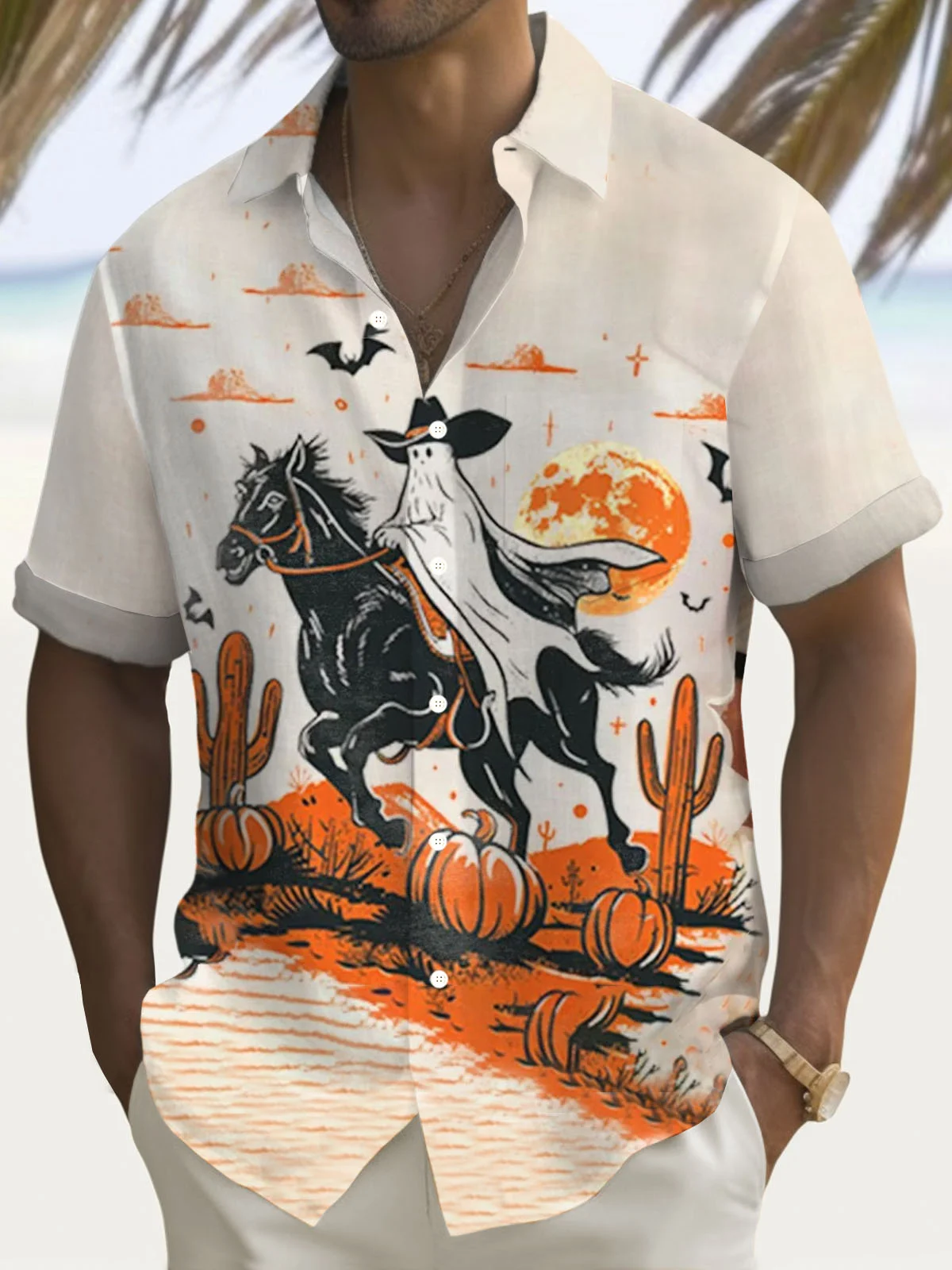 Royaura® Holiday Halloween Ghost 3D Digital Print Men's Button Pocket Short Sleeve Shirt Big & Tall