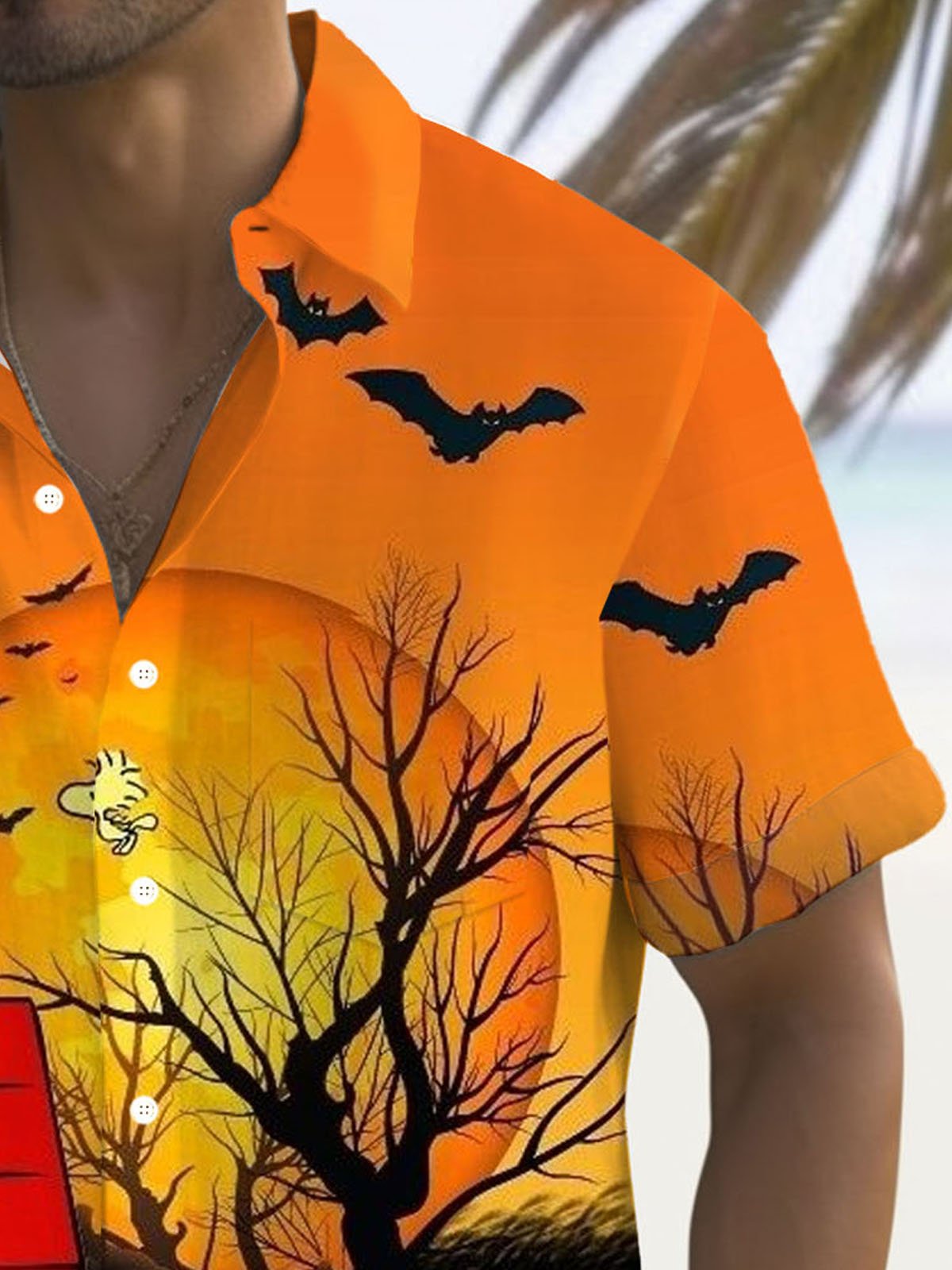 Royaura® Holiday Halloween Pumpkin Cartoon 3D Digital Print Men's Button Pocket Short Sleeve Shirt Big & Tall