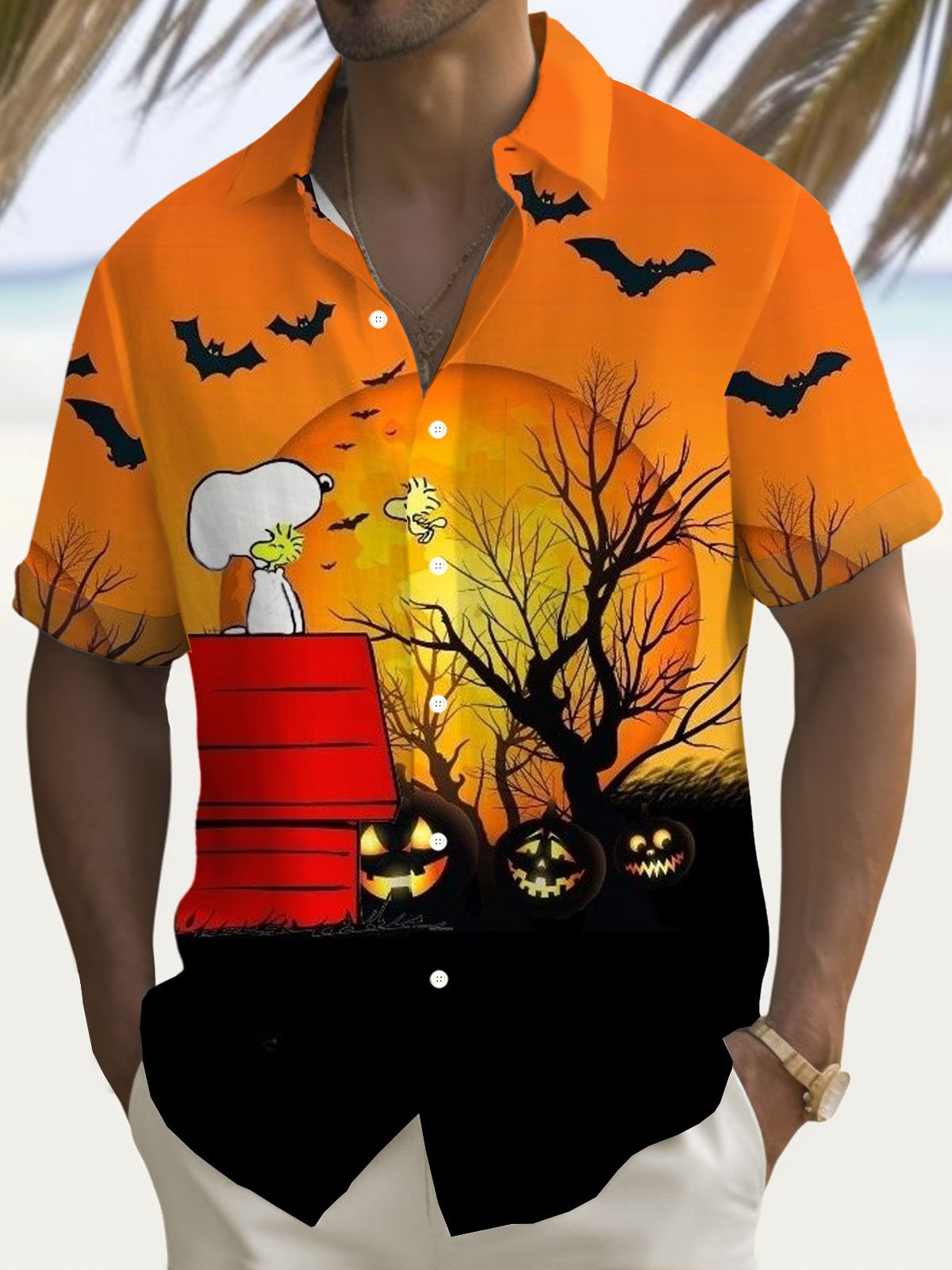 Royaura® Holiday Halloween Pumpkin Cartoon 3D Digital Print Men's Button Pocket Short Sleeve Shirt Big & Tall