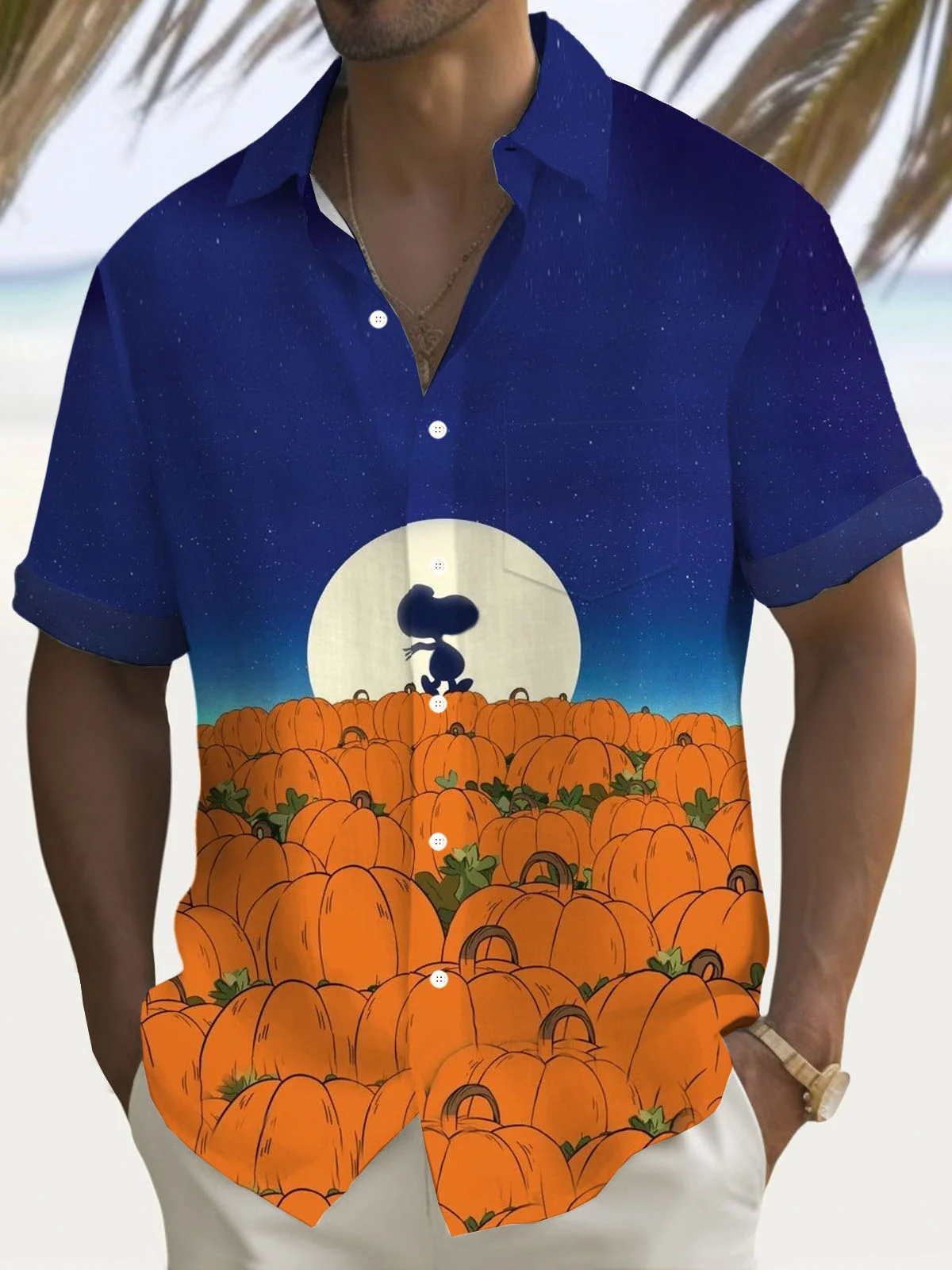 Royaura® Holiday Halloween Pumpkin Cartoon 3D Digital Print Men's Button Pocket Short Sleeve Shirt Big & Tall