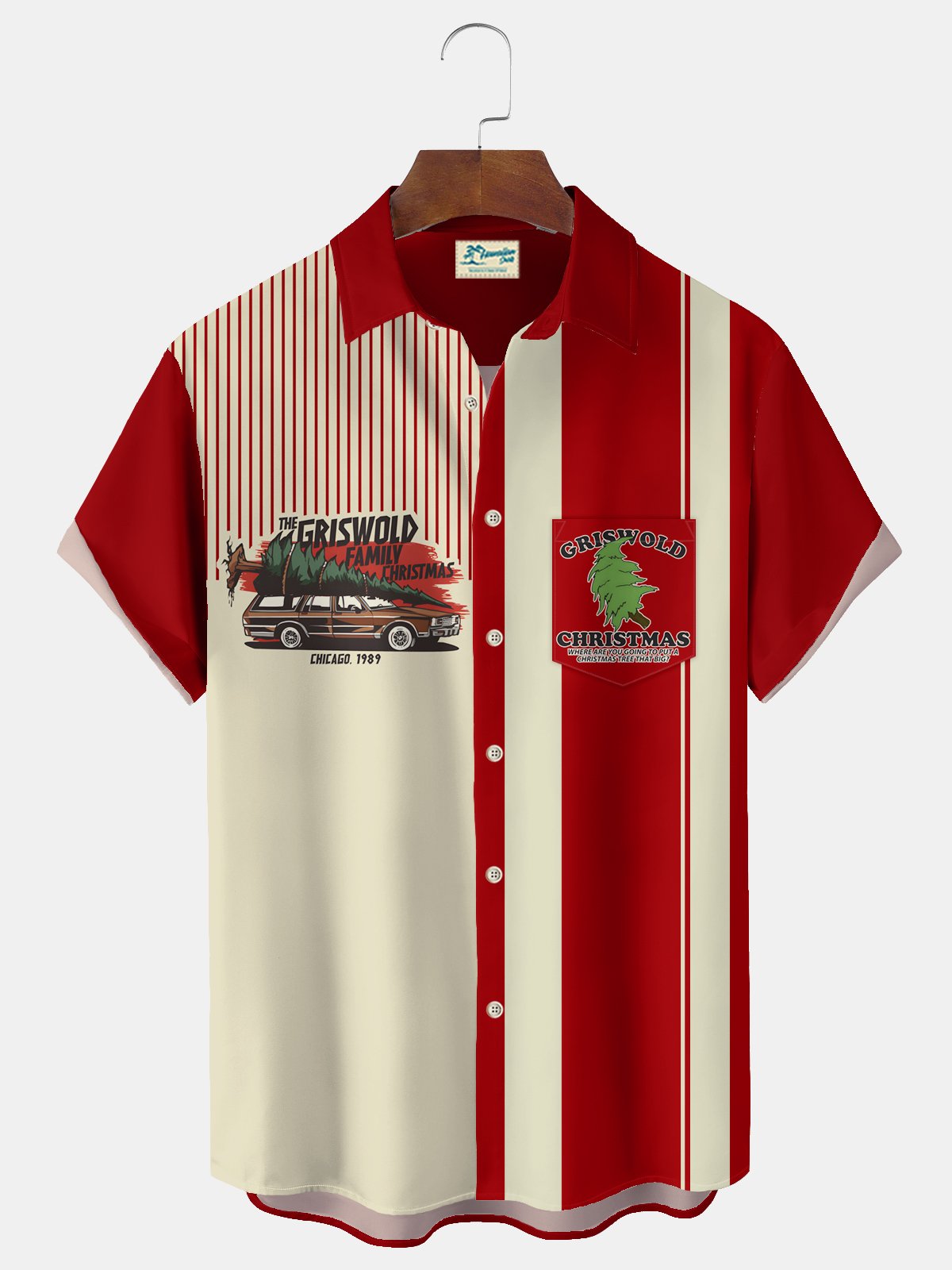 Royaura® Vintage Bowling Christmas Griswold Cartoon Print Chest Pocket Stretch Shirt Big Tall