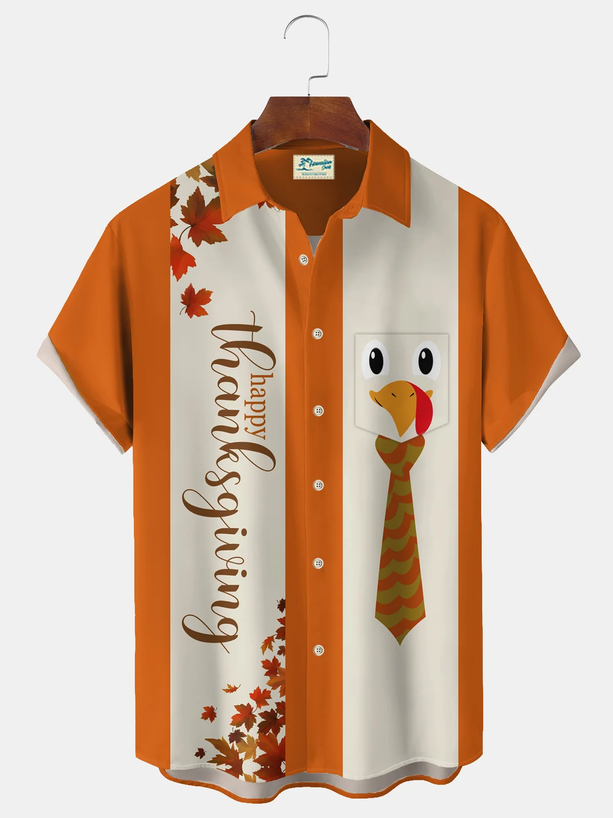 Royaura® Vintage Bowling Thanksgiving Cartoon Print Chest Pocket Stretch Shirt Big Tall