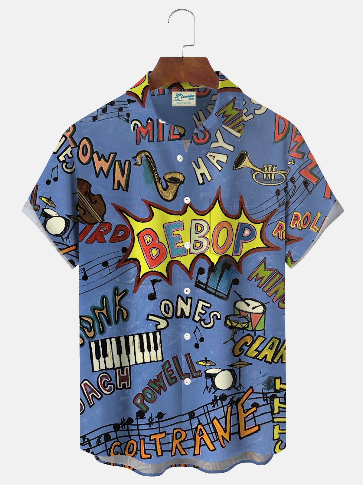 Royaura® Retro Music Jazz 3D Digital Print Men's Button Pocket Short Sleeve Shirt Big & Tall