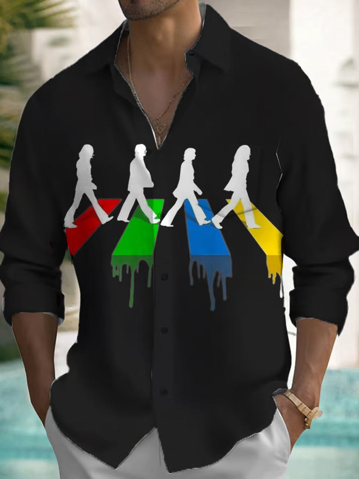 Royaura® Retro Music Art 3D Digital Print Men's Button Pocket Long Sleeve Shirt Big & Tall