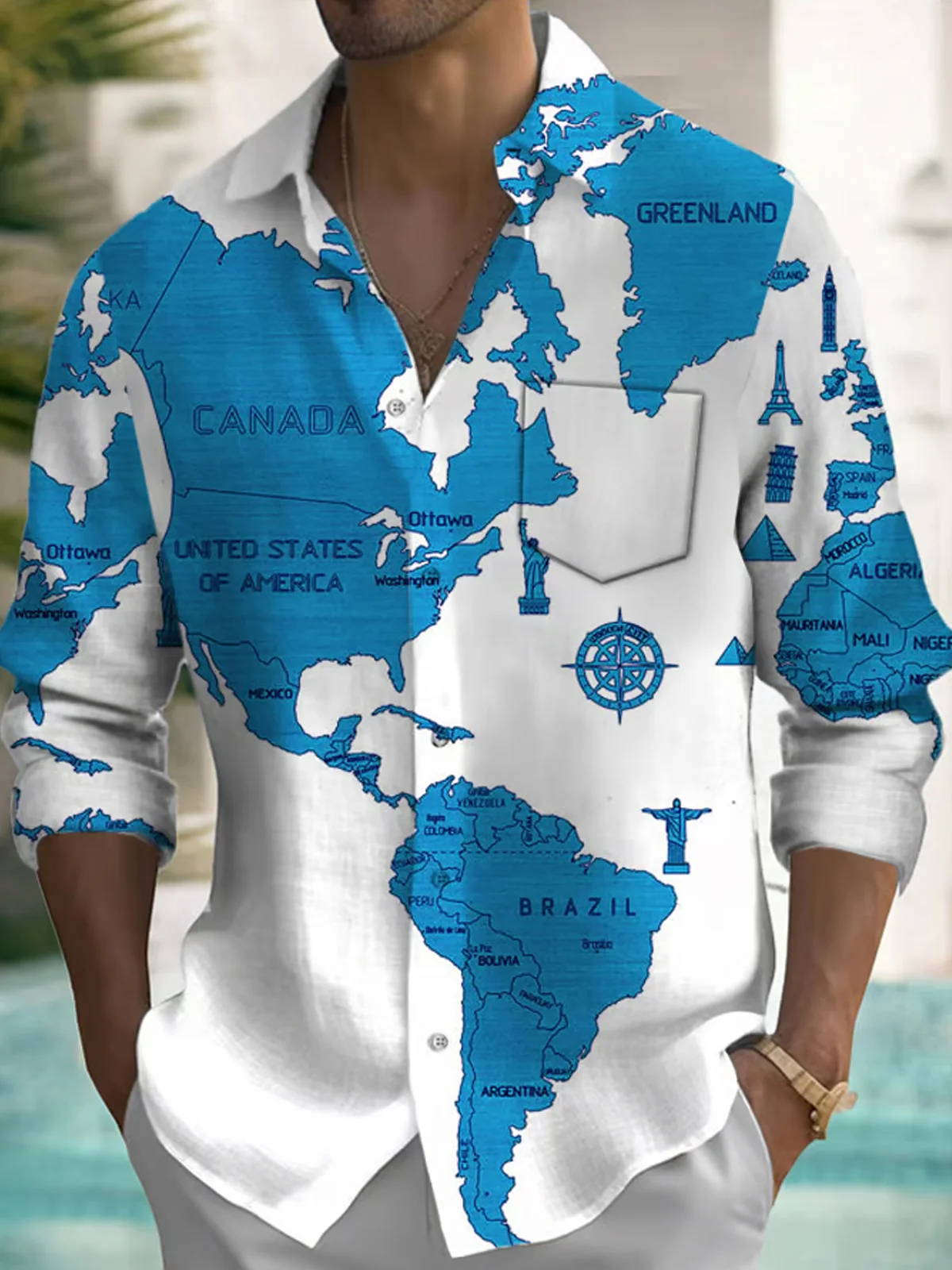 Royaura® Retro Map Nautical 3D Digital Print Men's Button Pocket Long Sleeve Shirt Big & Tall