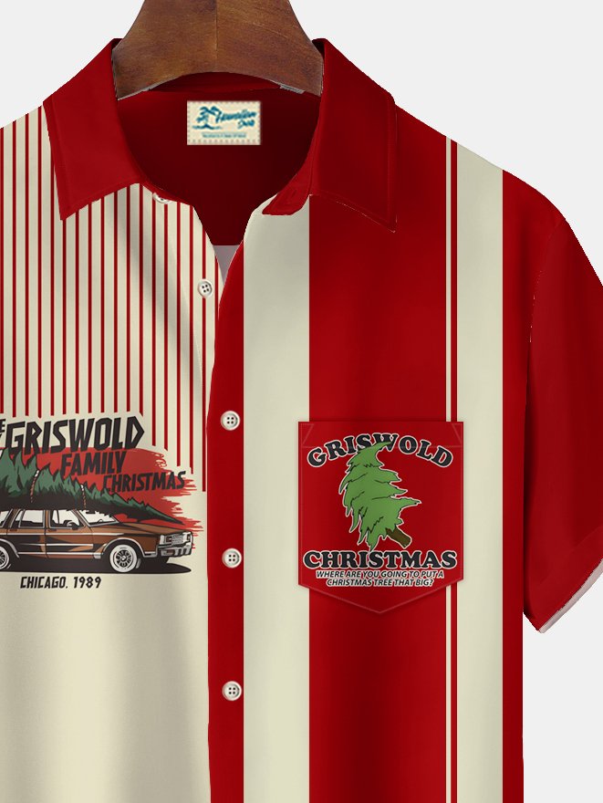 Royaura® Vintage Bowling Christmas Griswold Cartoon Print Chest Pocket Stretch Shirt Big Tall