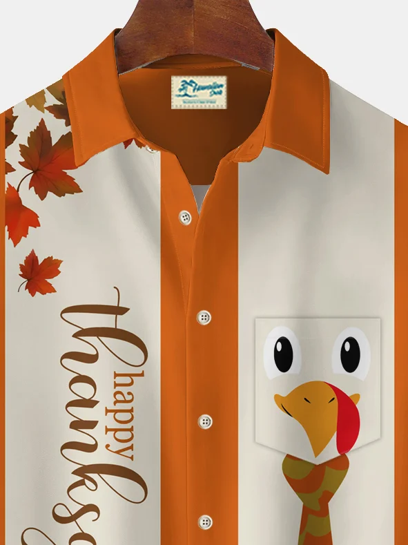 Royaura® Vintage Bowling Thanksgiving Cartoon Print Chest Pocket Stretch Shirt Big Tall