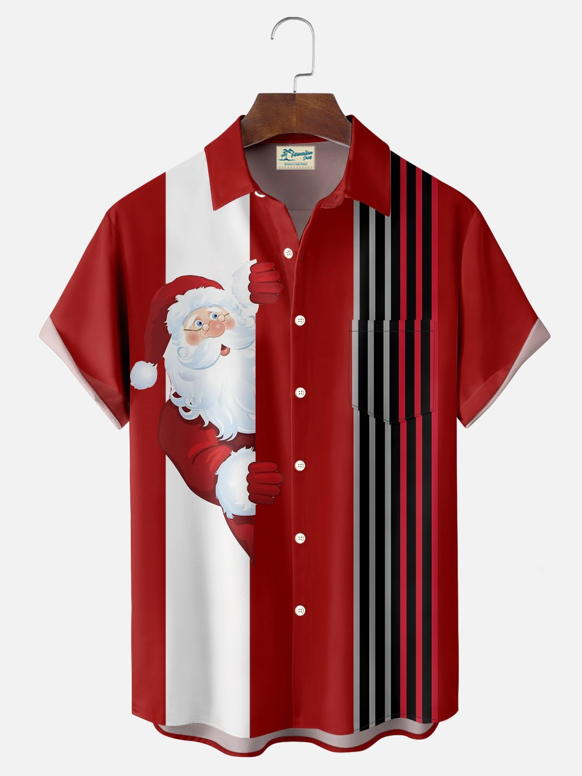 Royaura® Christmas Santa Hat Retro Bowling 3D Digital Print Men's Button Pocket Short Sleeve Shirt Big & Tall