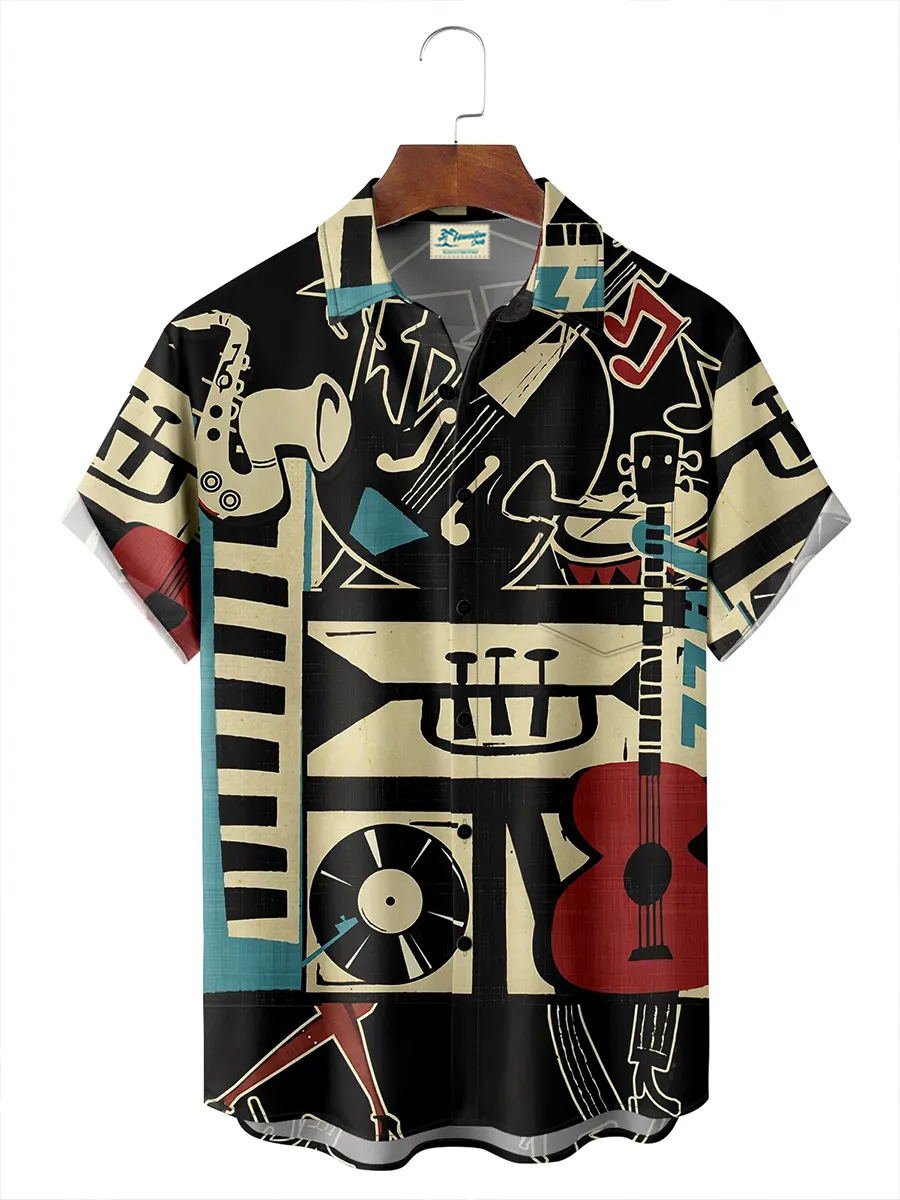 Royaura® Vintage Music Print Chest Pocket Stretch Shirt Big Tall