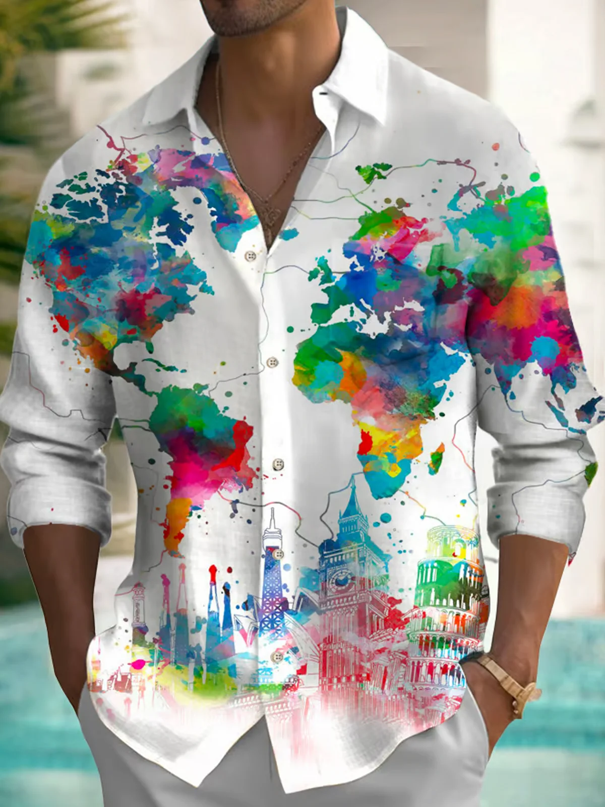 Royaura® Retro Gradient Map D Digital Print Men's Button Pocket Long Sleeve Shirt Shirt Big & Tall