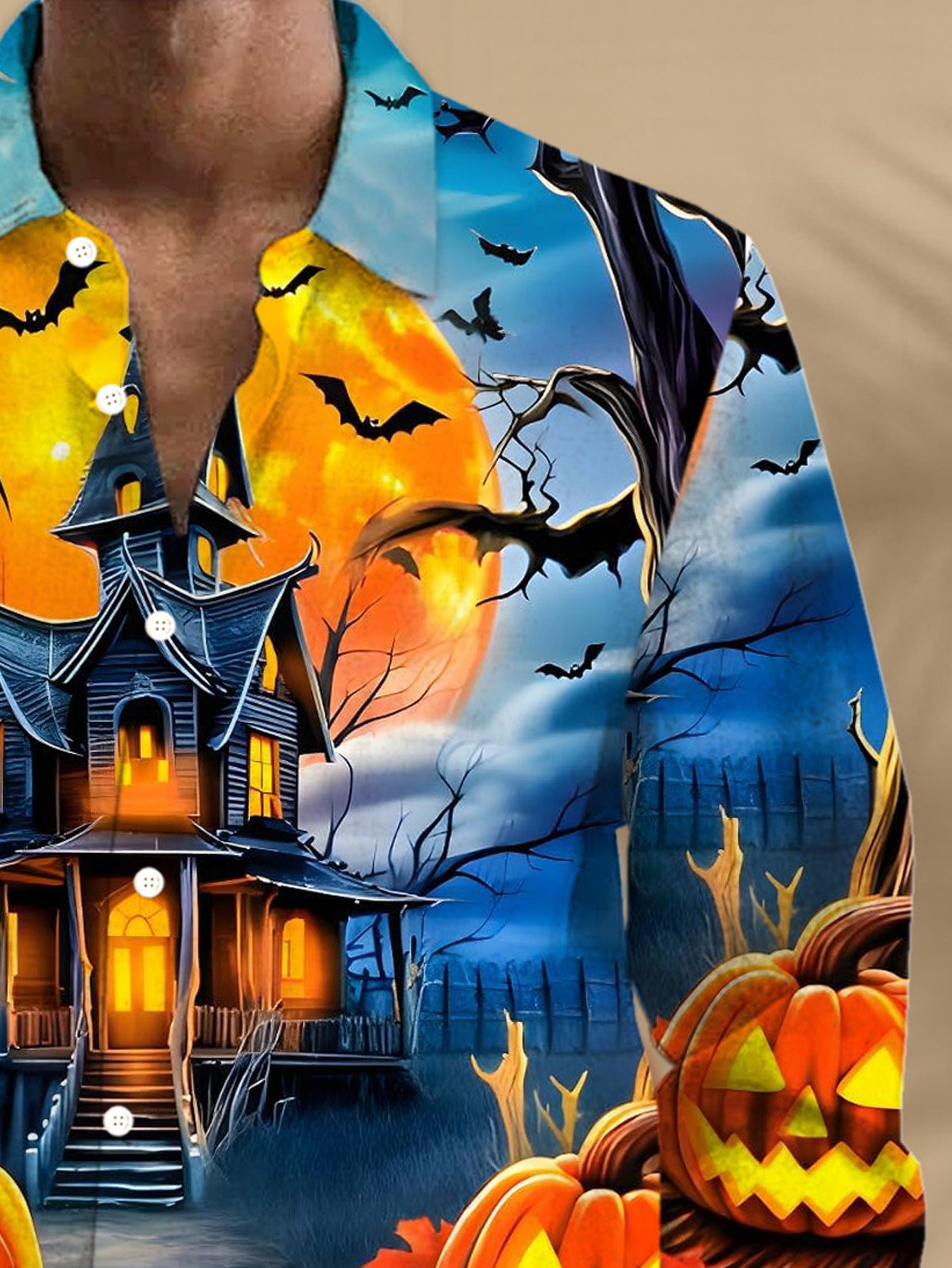 Royaura® Halloween Pumpkin Castle 3D Digital Print Men's Large Size Button Pocket Long Sleeve Shirt Big & Tall