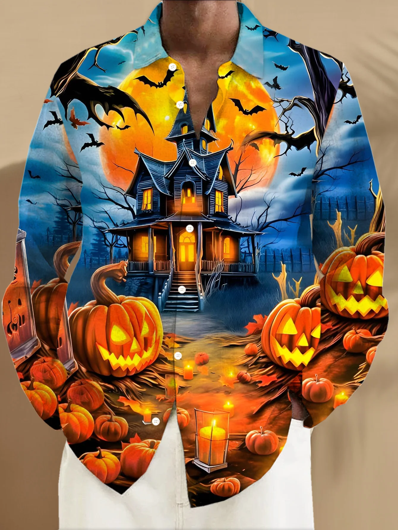 Royaura® Halloween Pumpkin Castle 3D Digital Print Men's Large Size Button Pocket Long Sleeve Shirt Big & Tall