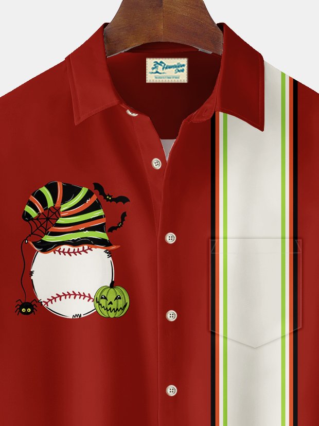 Royaura® Vintage Bowling Halloween Baseball Print Chest Pocket Stretch Shirt Big Tall