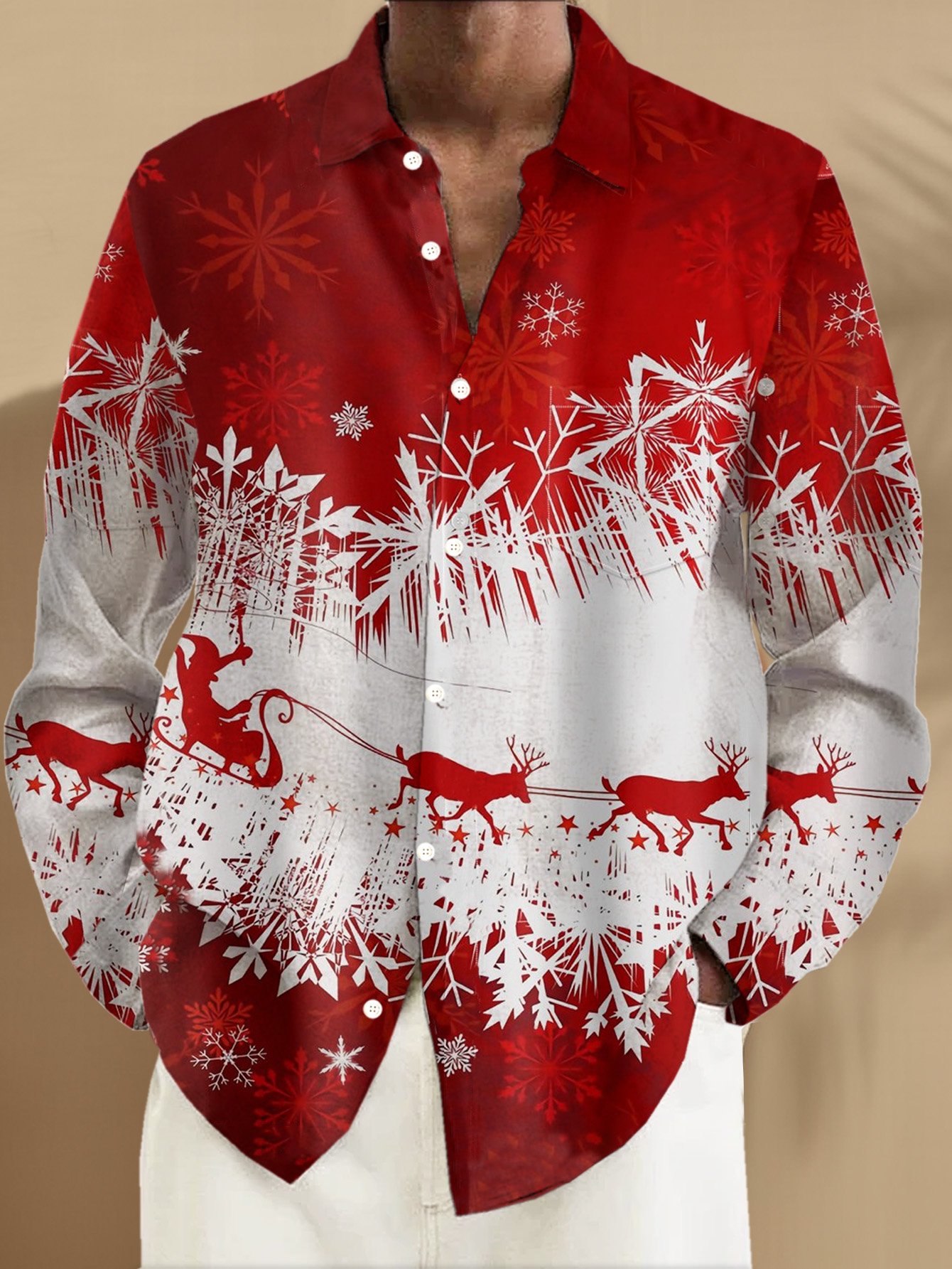 Royaura® Christmas Gradient Sika Deer 3D Digital Print Men's Button Pocket Long Sleeve Shirt Big & Tall