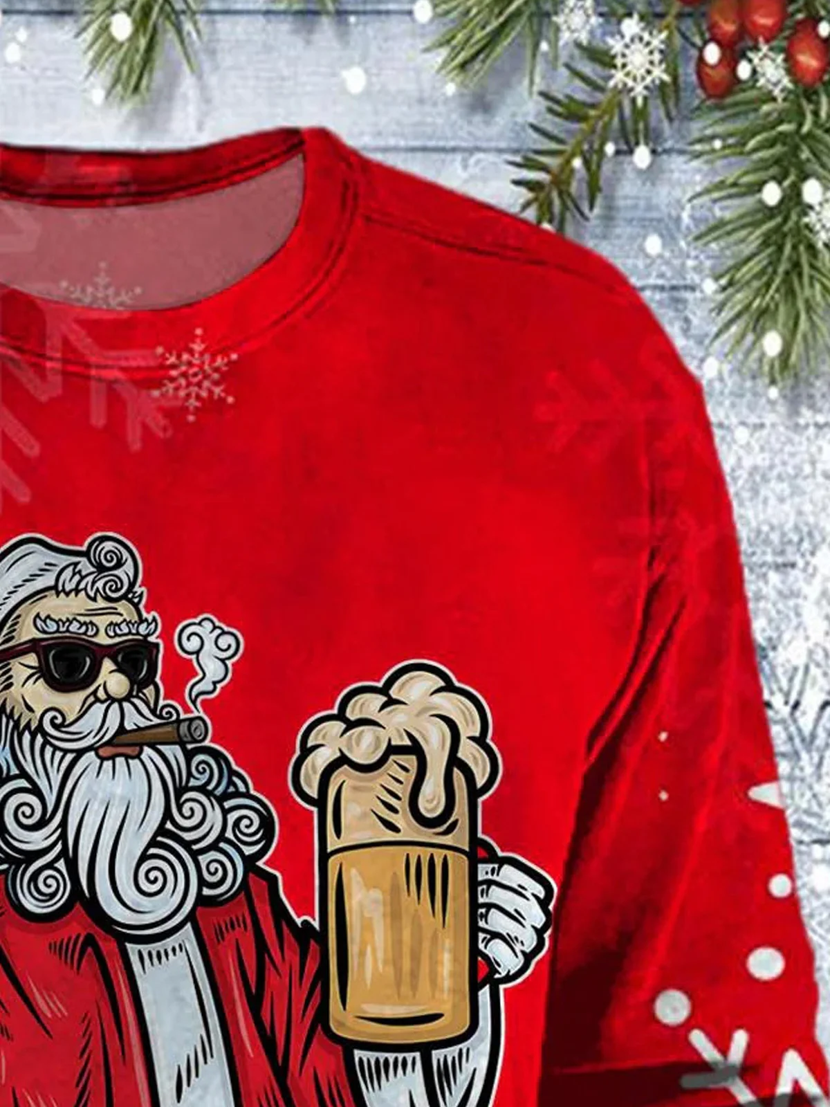 Royaura® Christmas Santa Beer 3D Digital Printing Men's Round Neck Sweatshirt Big & Tall